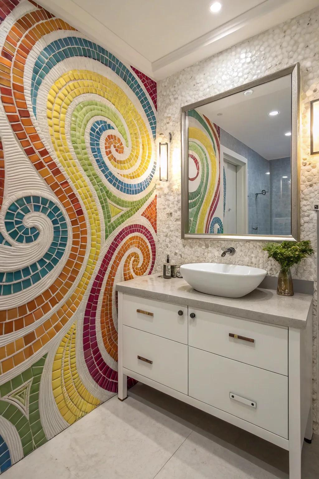 Mosaic tiles create a colorful focal point.