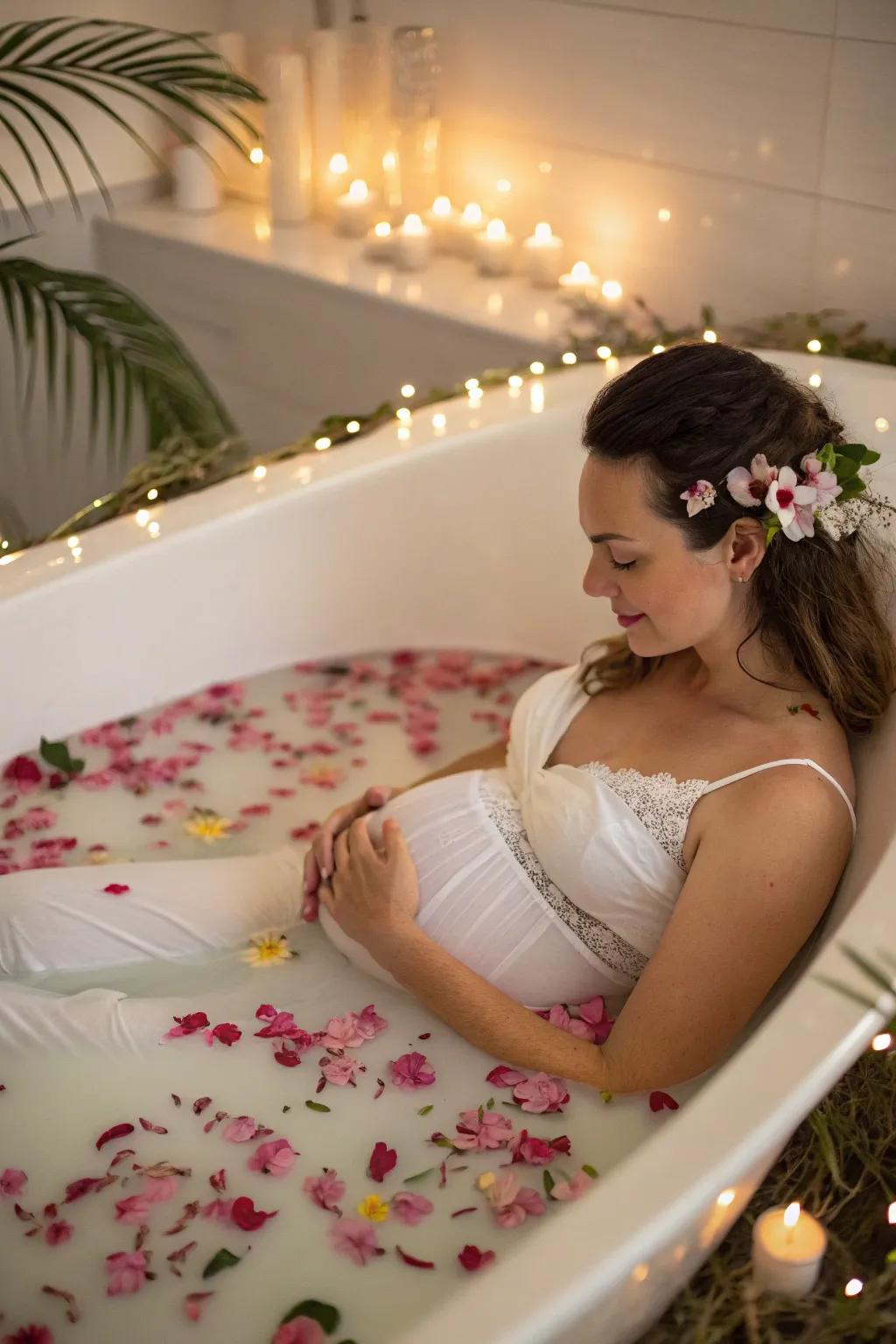 A milk bath offers an ethereal and artistic photoshoot setting.