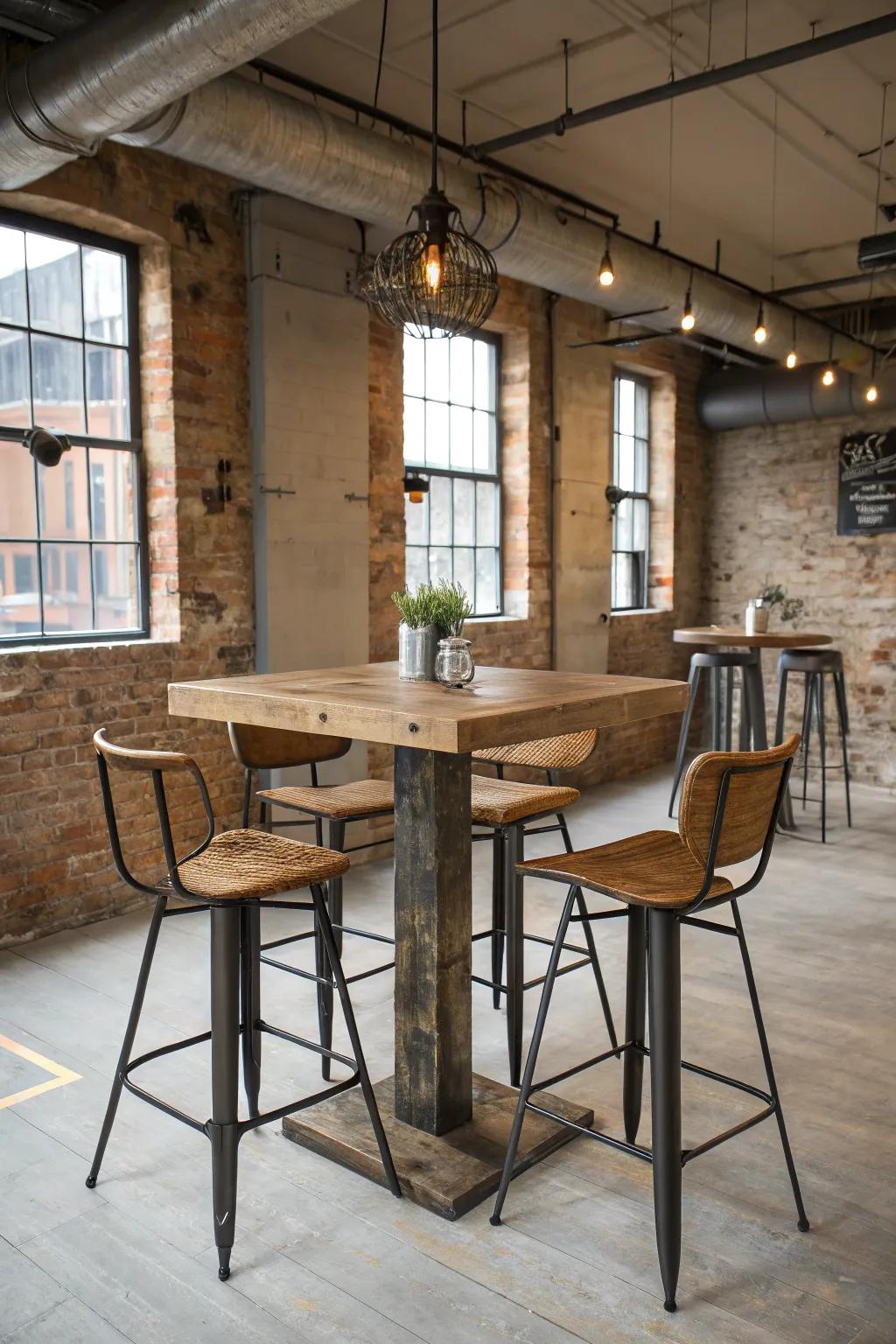 Urban edge meets functionality with industrial chic pub tables.