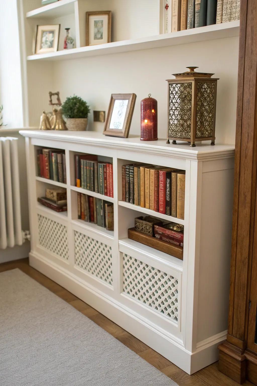 A radiator cover with built-in storage is both practical and stylish.