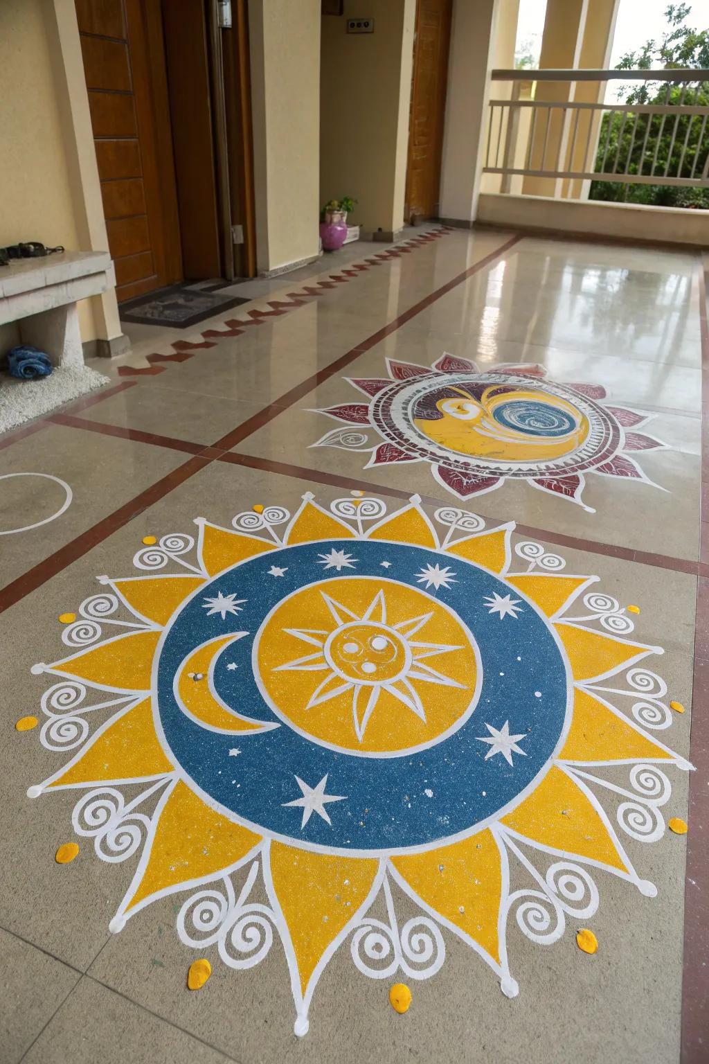 Celestial motifs add an enchanting touch to this nature-inspired rangoli.