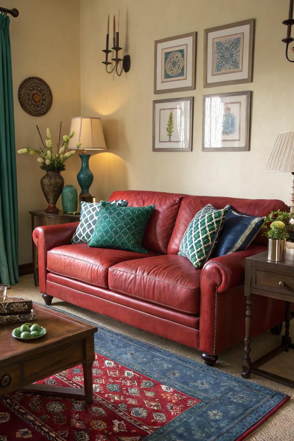 Opposing shades append a vibrant and dynamic impression to a lounge boasting a scarlet hide sofa.