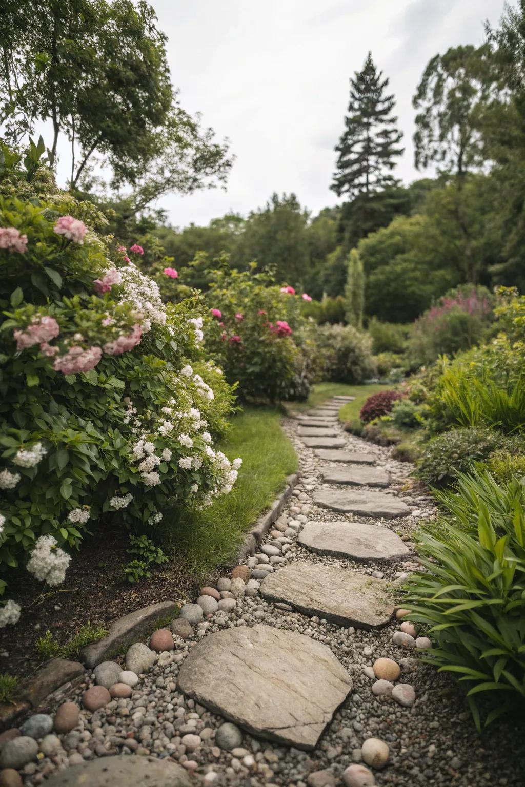 Enhance stepping stones with a river rock surround.