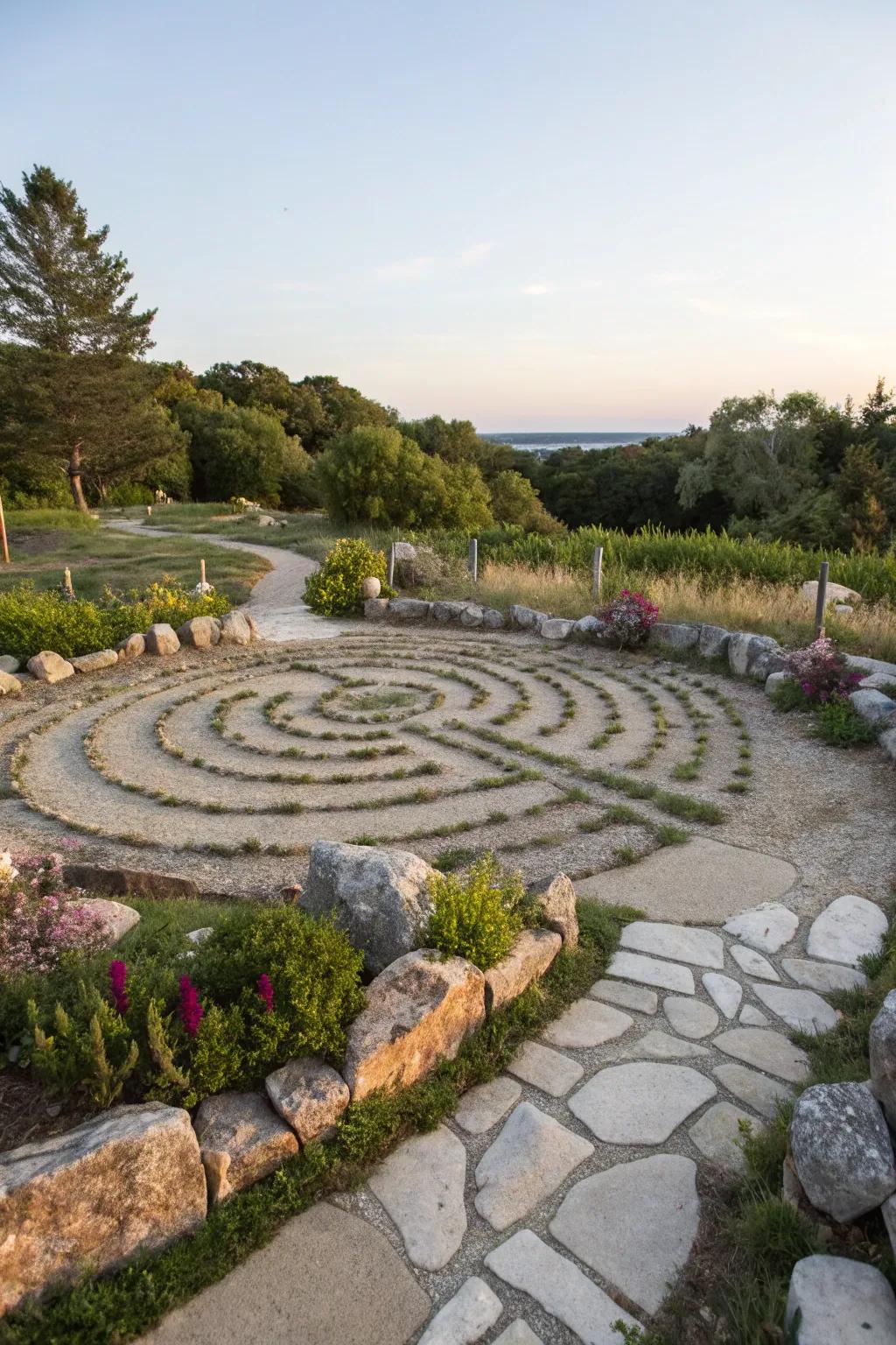 An intricate rock labyrinth providing a peaceful garden retreat.