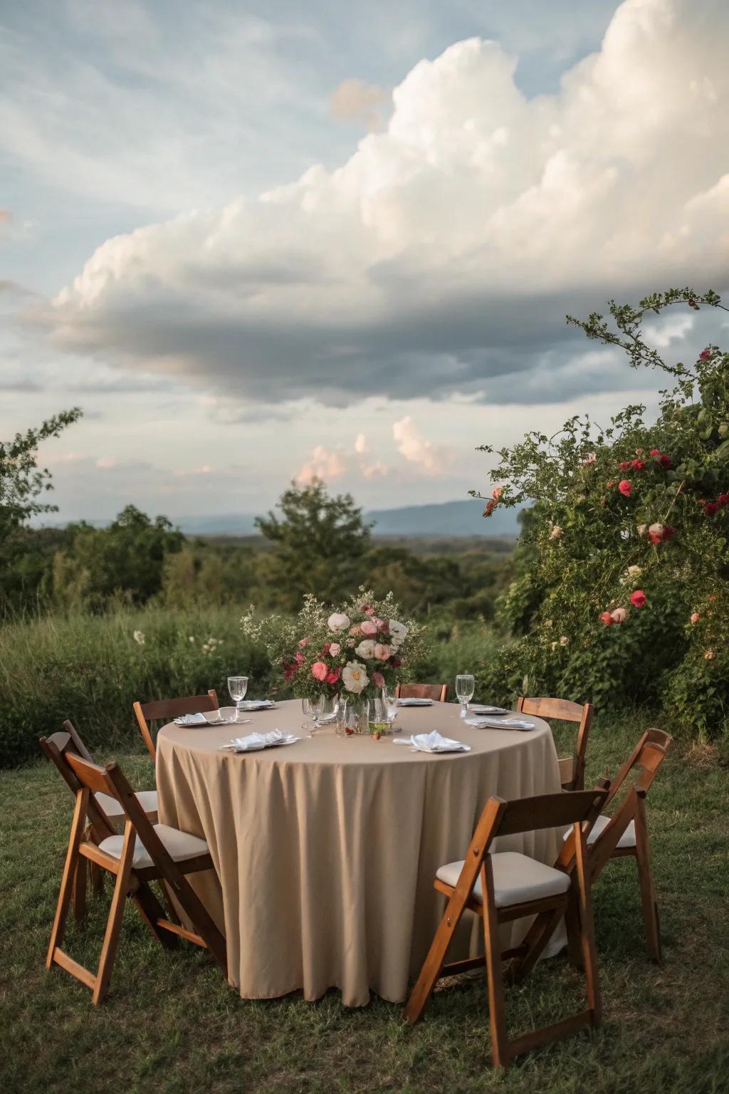 Earthy-toned tablecloth blending with natural surroundings.