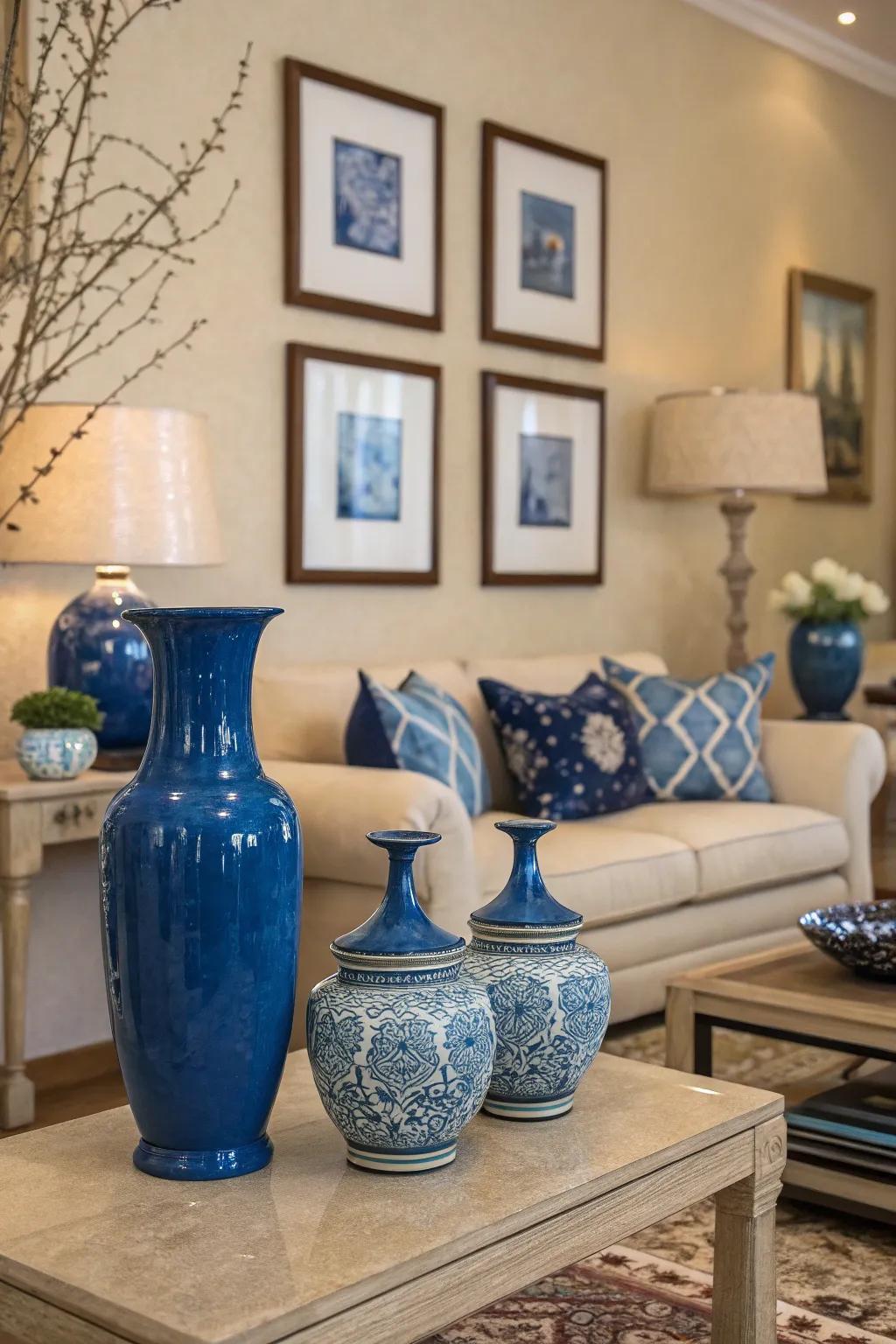 Sapphire accents bring depth and interest to a neutral living room.