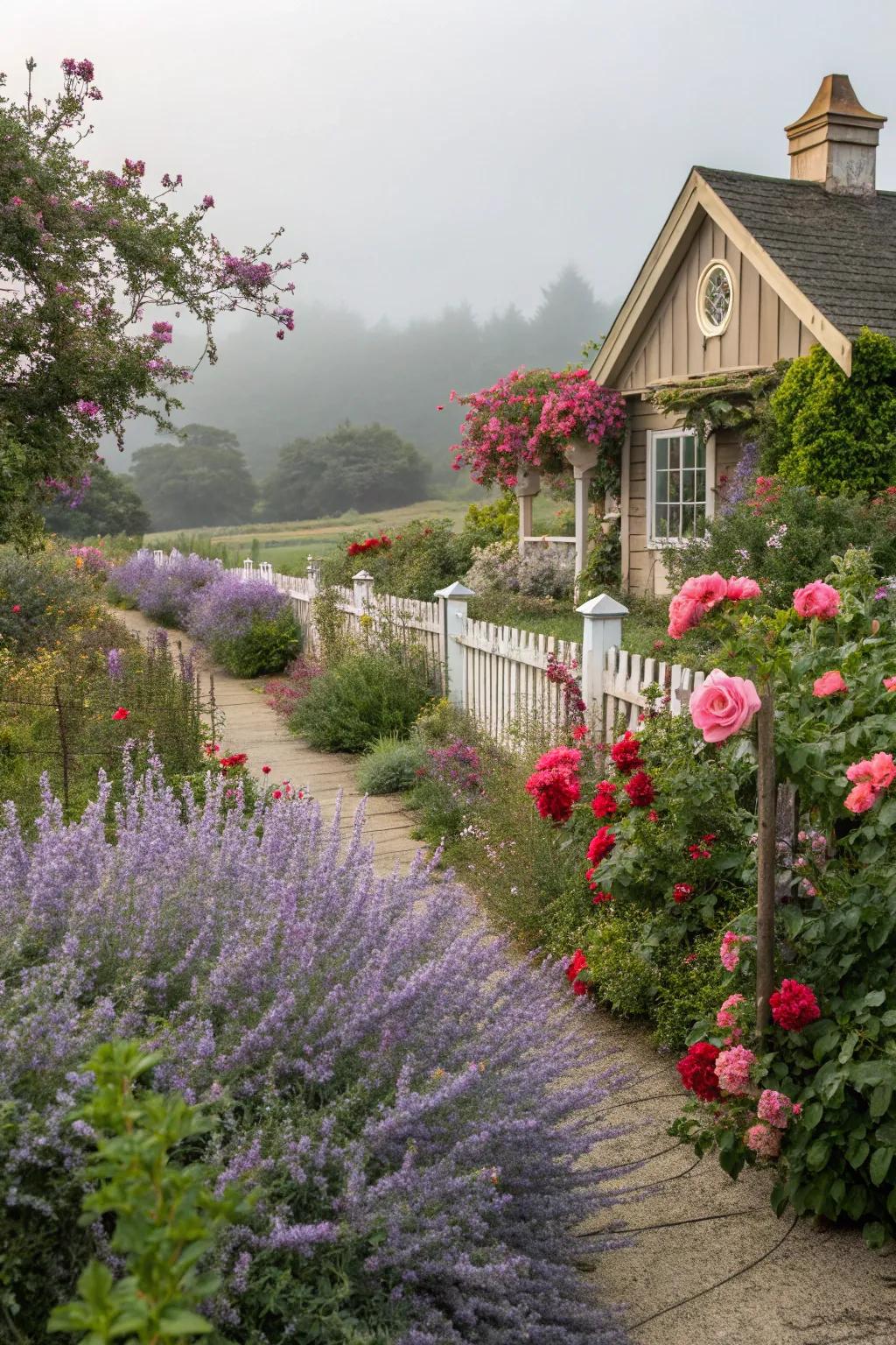 A romantic cottage garden with Russian sage and roses.