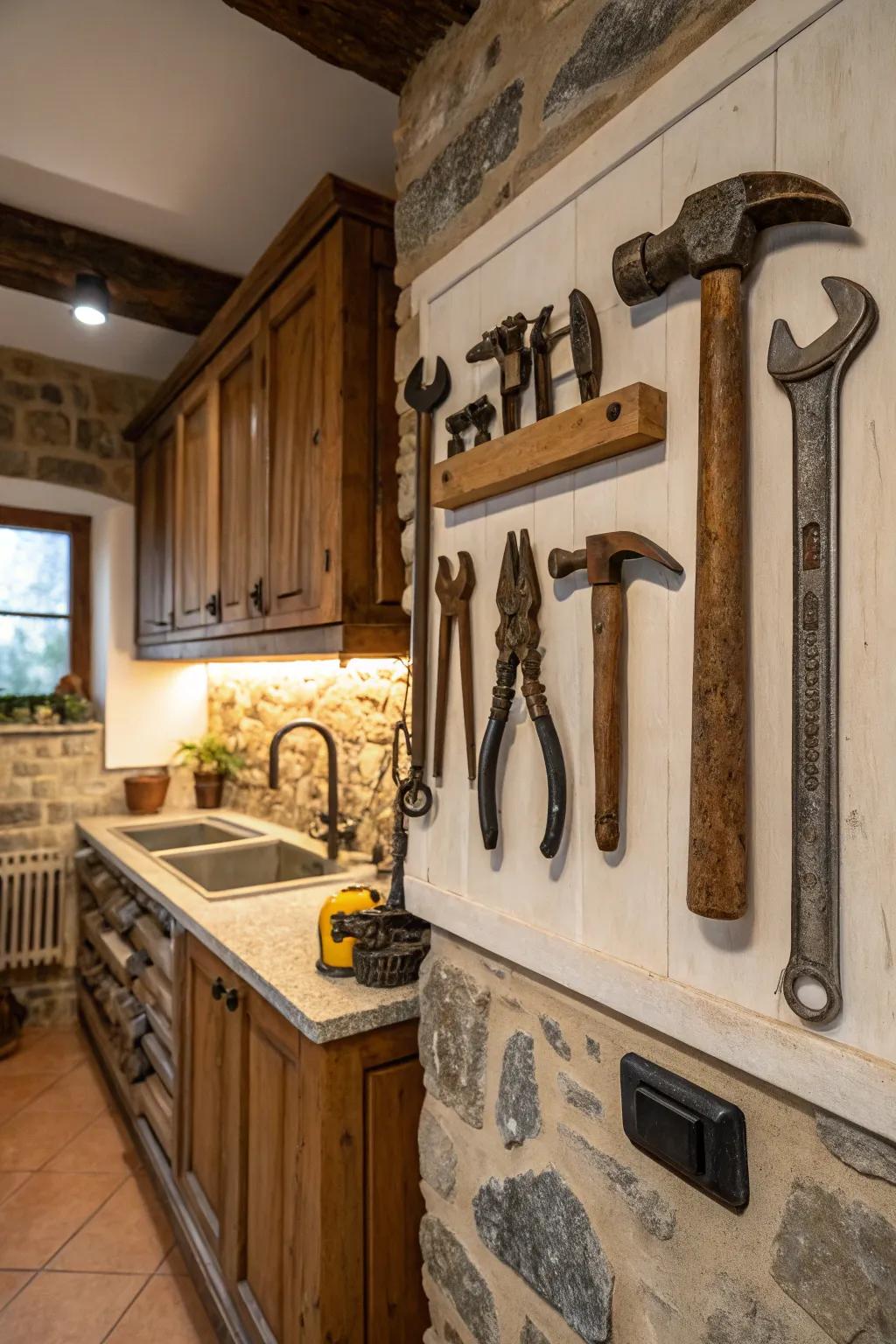 Vintage tools add a playful touch to rustic decor.