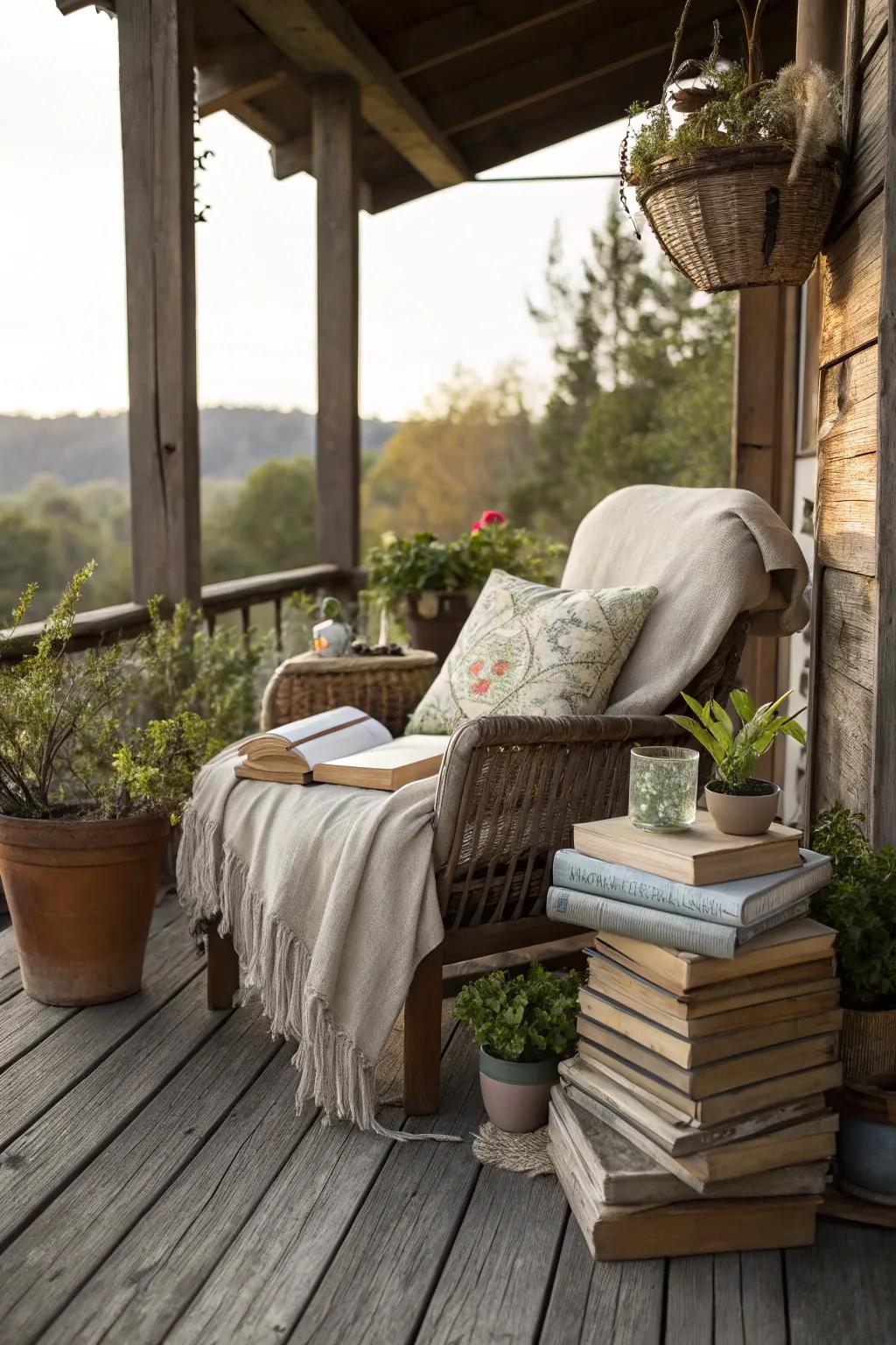 A reading sanctuary is an excellent escape on this country-style veranda.