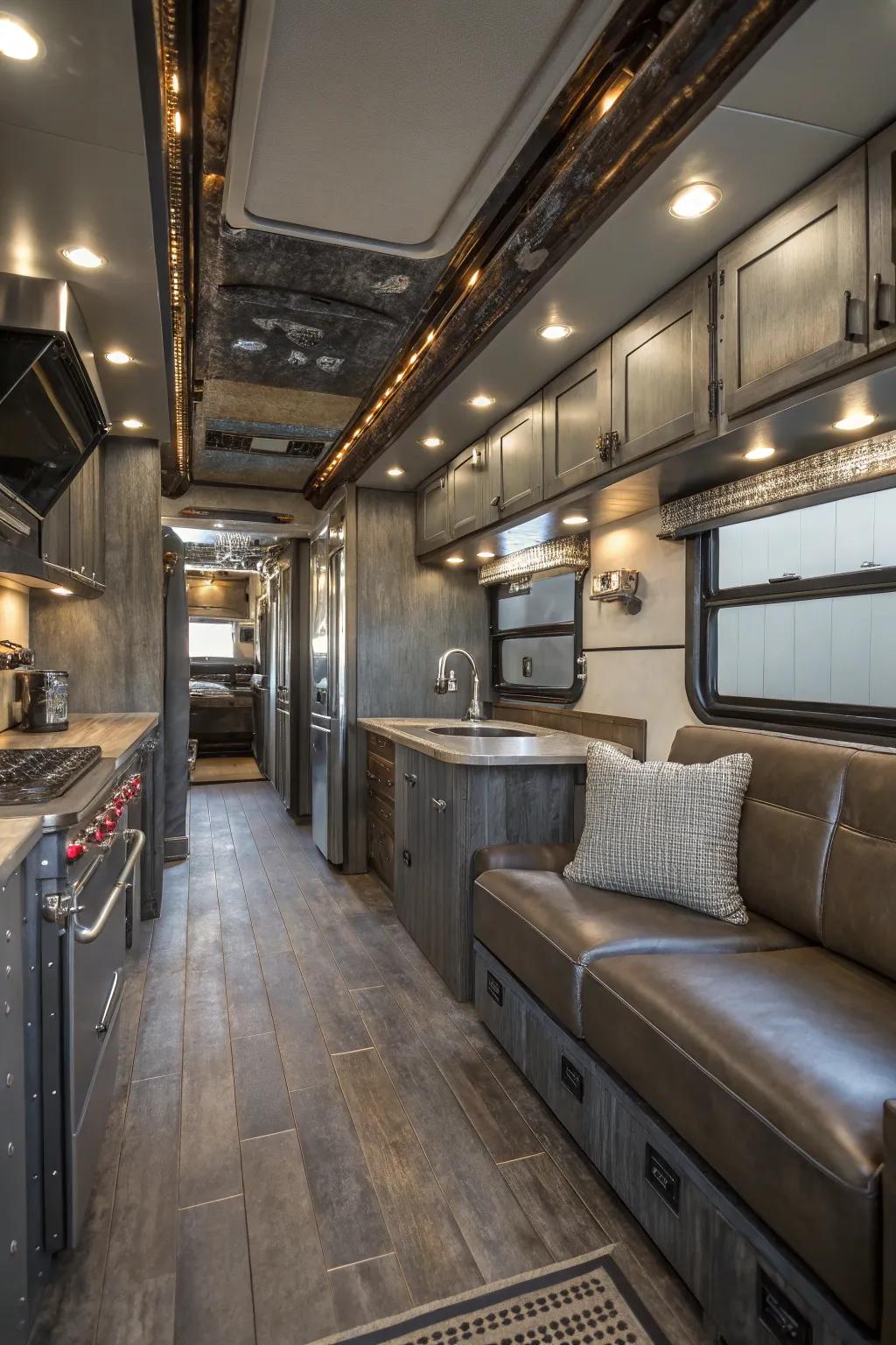 Industrial elements add character to this RV interior.