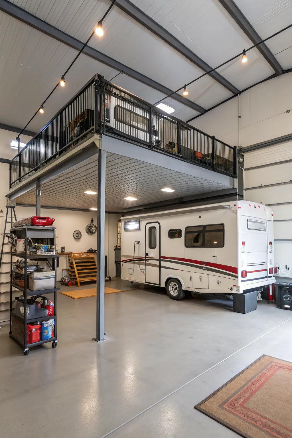 Mid-level platform in an RV garage for optimizing vertical space resourcefully.