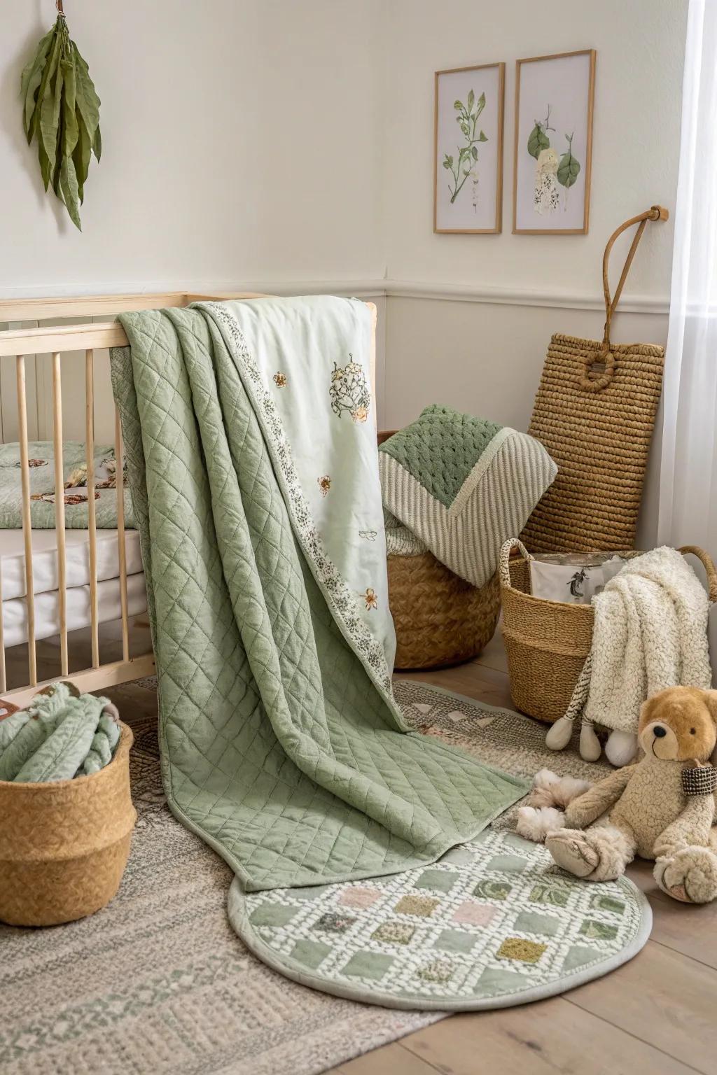 Layered textures add depth and luxury to a sage green nursery.