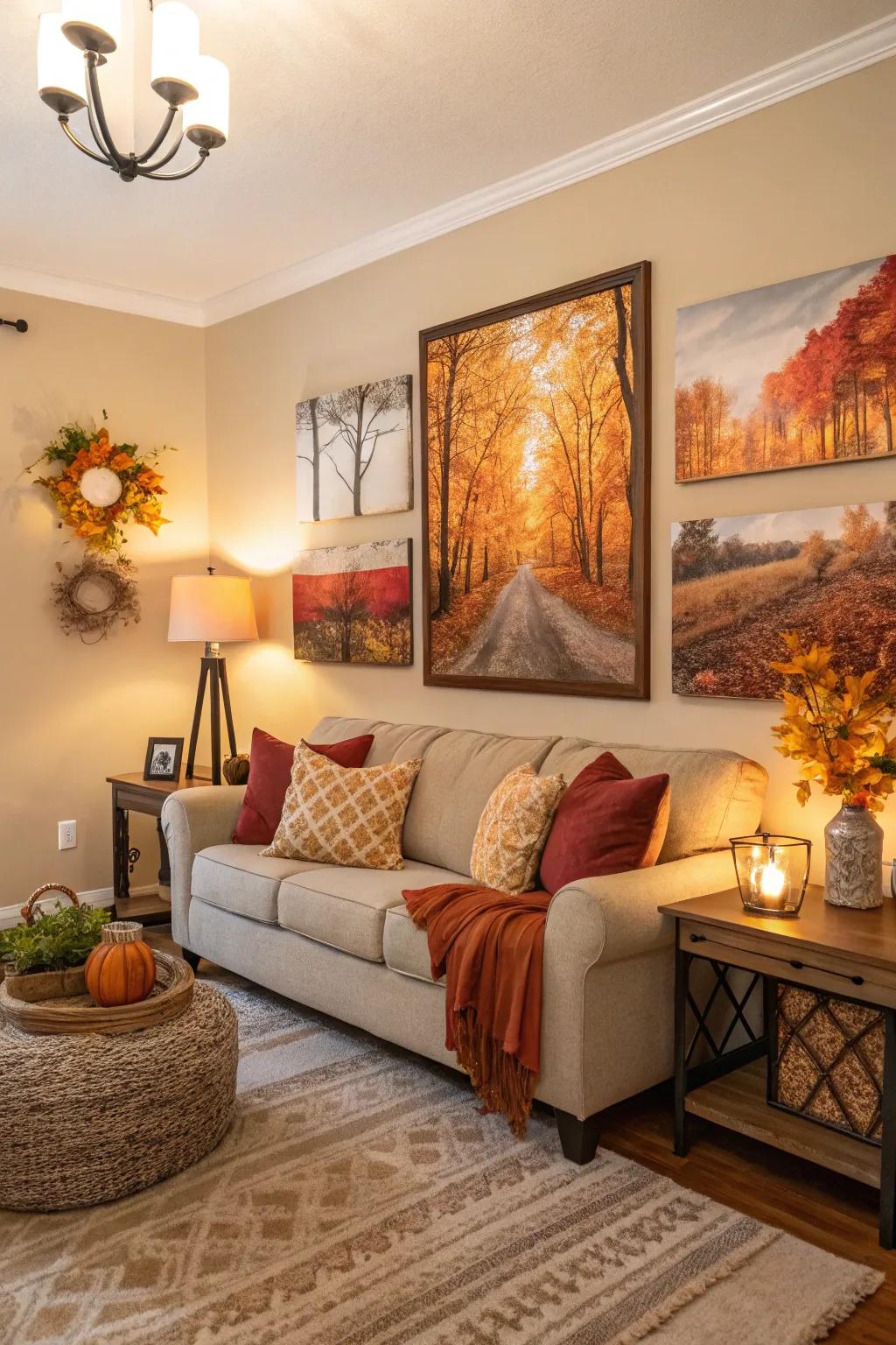 A living room with seasonal wall art swaps featuring warm tones