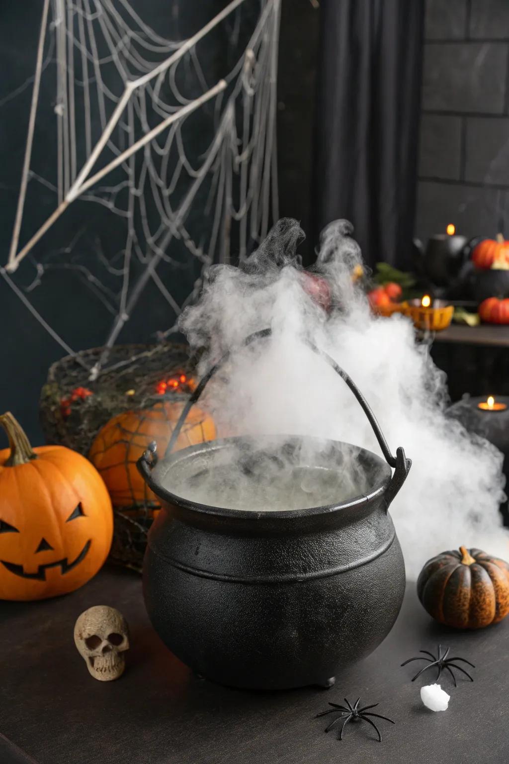 A witch's brew cauldron bubbles mysteriously on the porch.