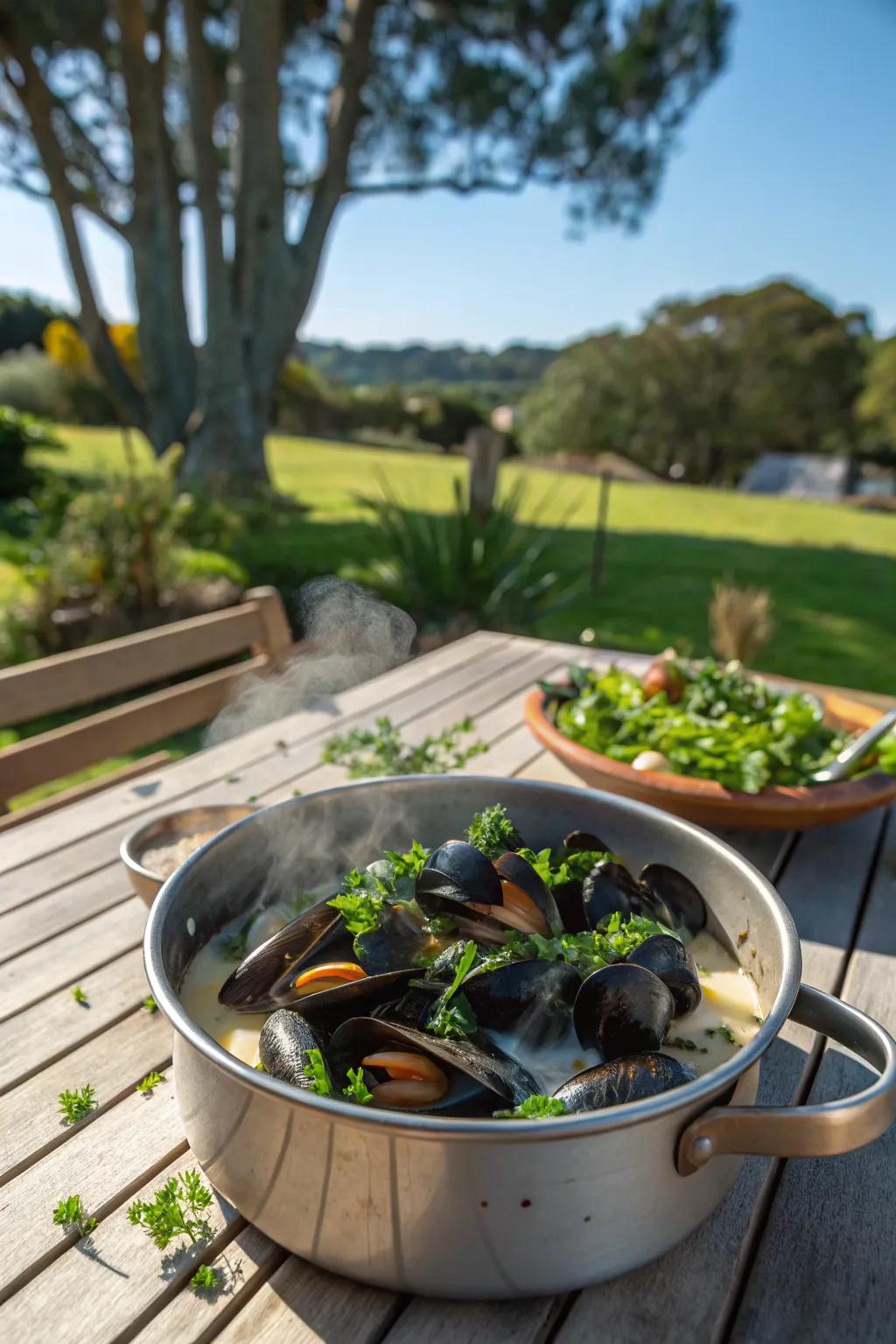 Shellfish in white wine reduction, introducing a sophisticated touch to your open-air meal.
