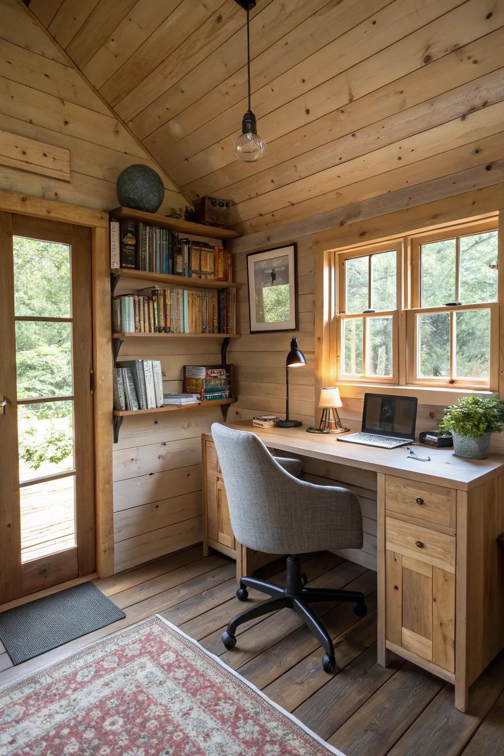 A shed home featuring a dedicated home office space for productivity.