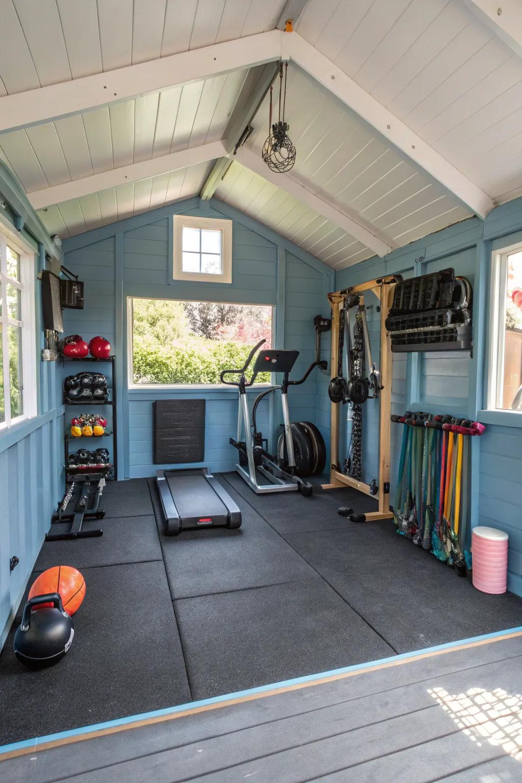 A shed designed as an inspiring fitness corner.