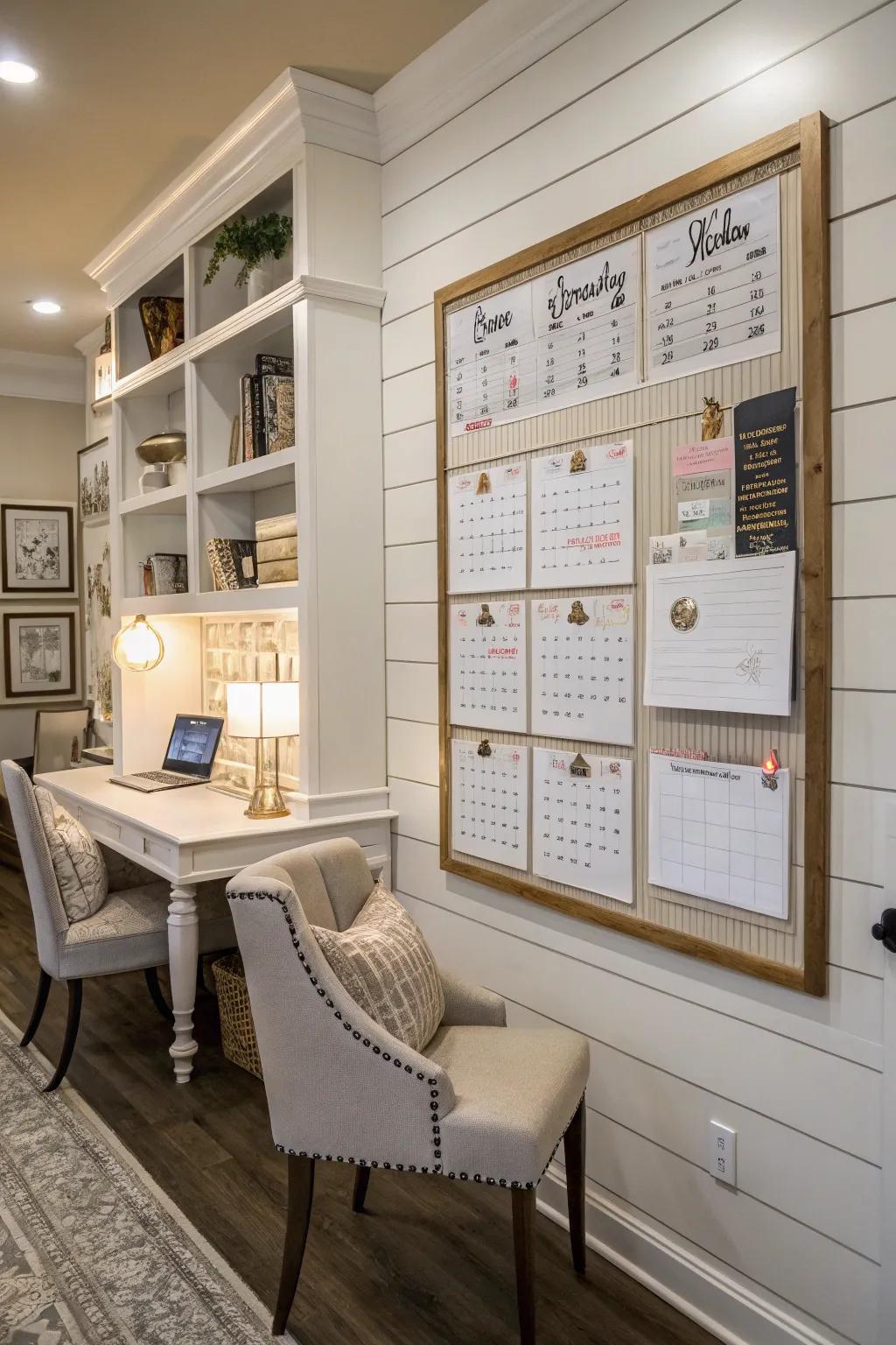 Create a stylish and efficient workspace with this shiplap bulletin board idea.