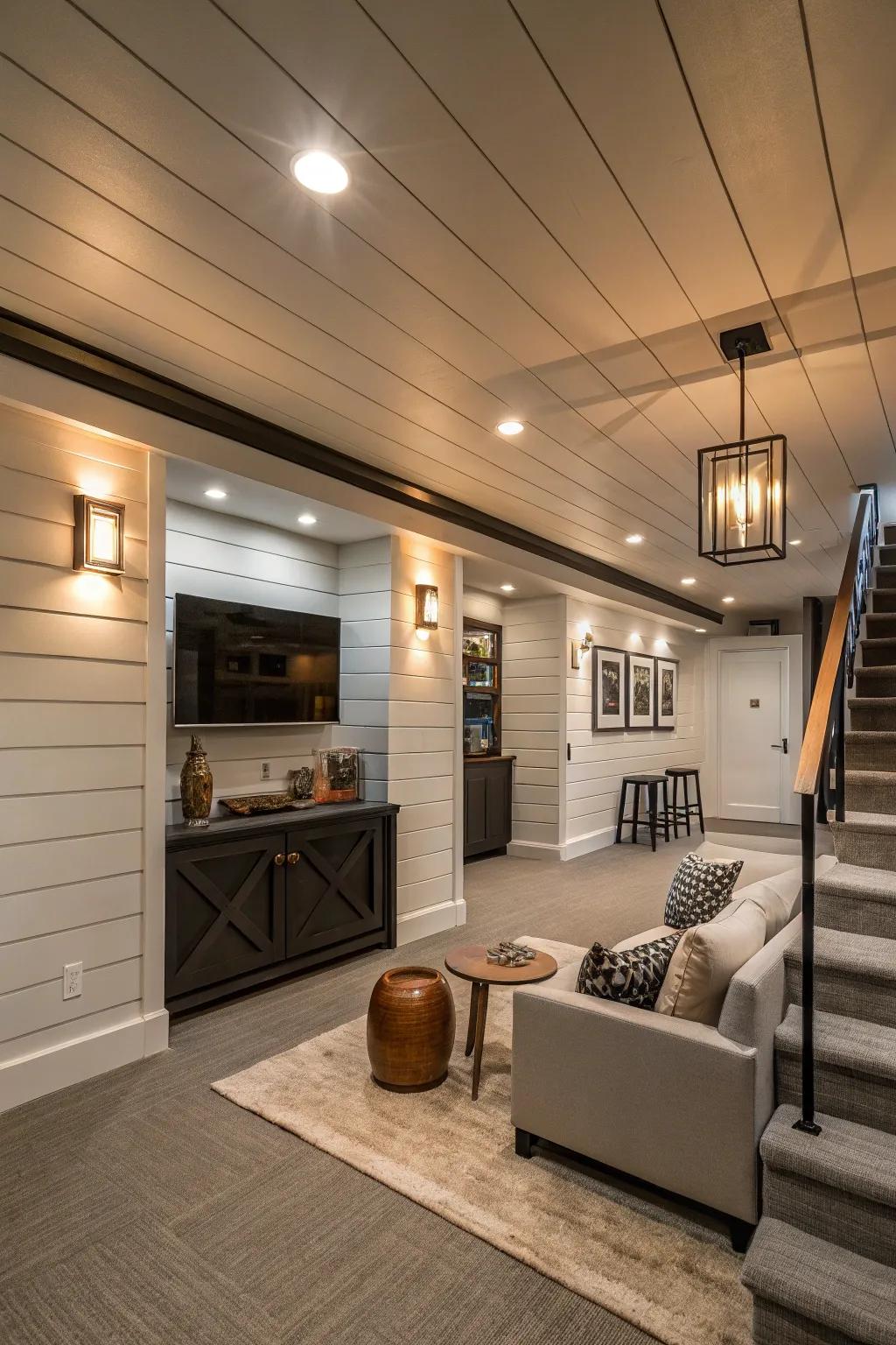 A contemporary edge with modern fixtures and shiplap.