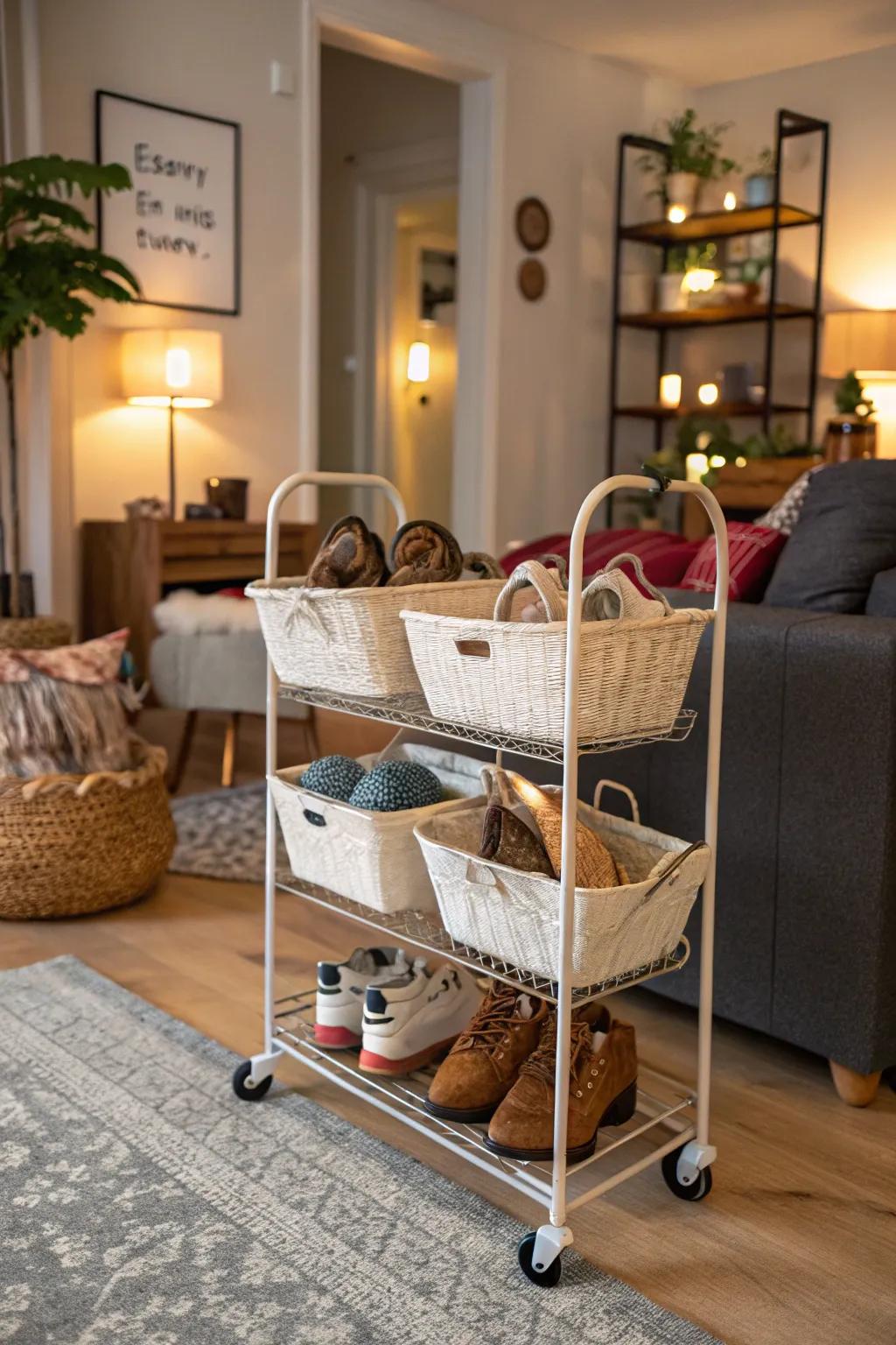 A rolling basket cart offers flexible and mobile shoe storage.