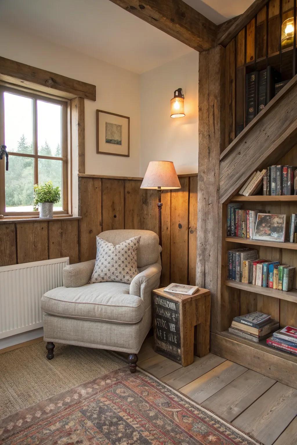 Weathered wooden skirting boards add rustic charm to reading spaces.