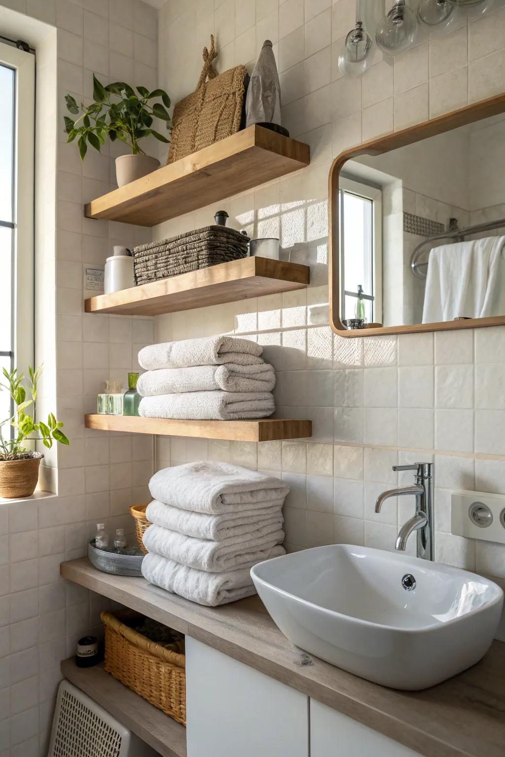 Simple and contemporary: wall-less shelves for towel storage.