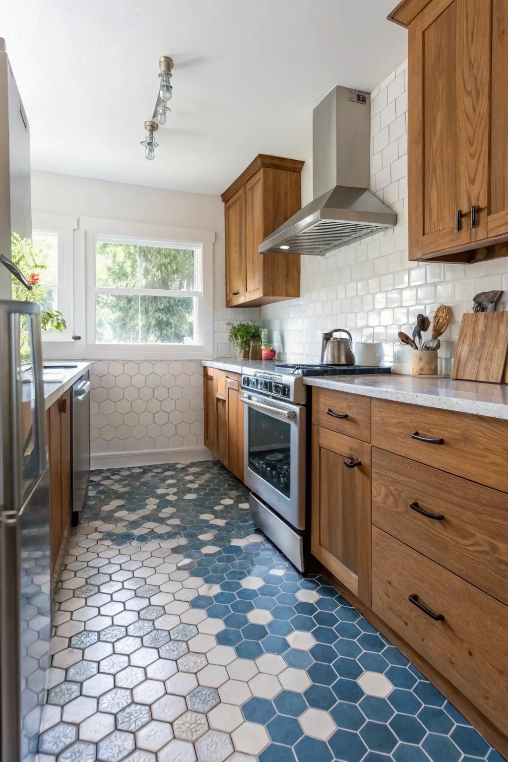 Hexagon mosaics bring a unique artistic style.