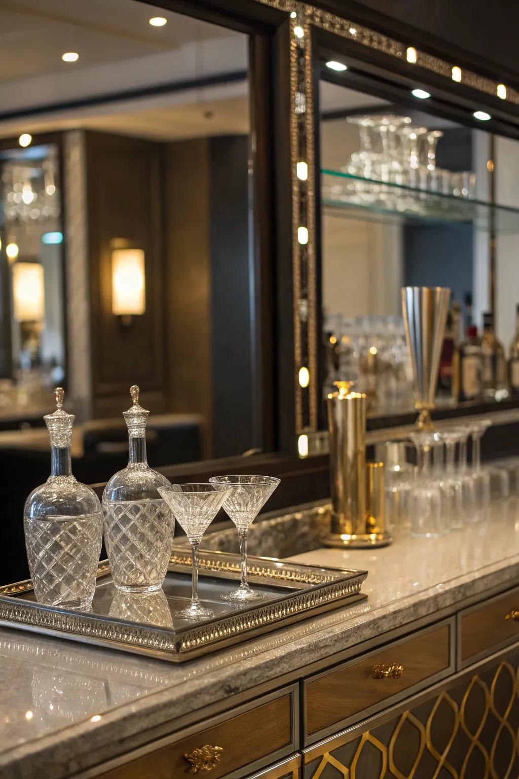 Mirrored accents adding sophistication to a small wet bar.