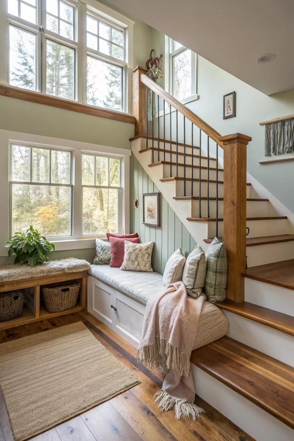 Staircase with seating integrated to maximize functionality in smaller spaces.