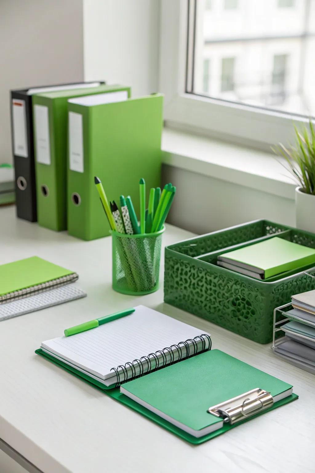 Subtly embrace the theme with green office supplies.