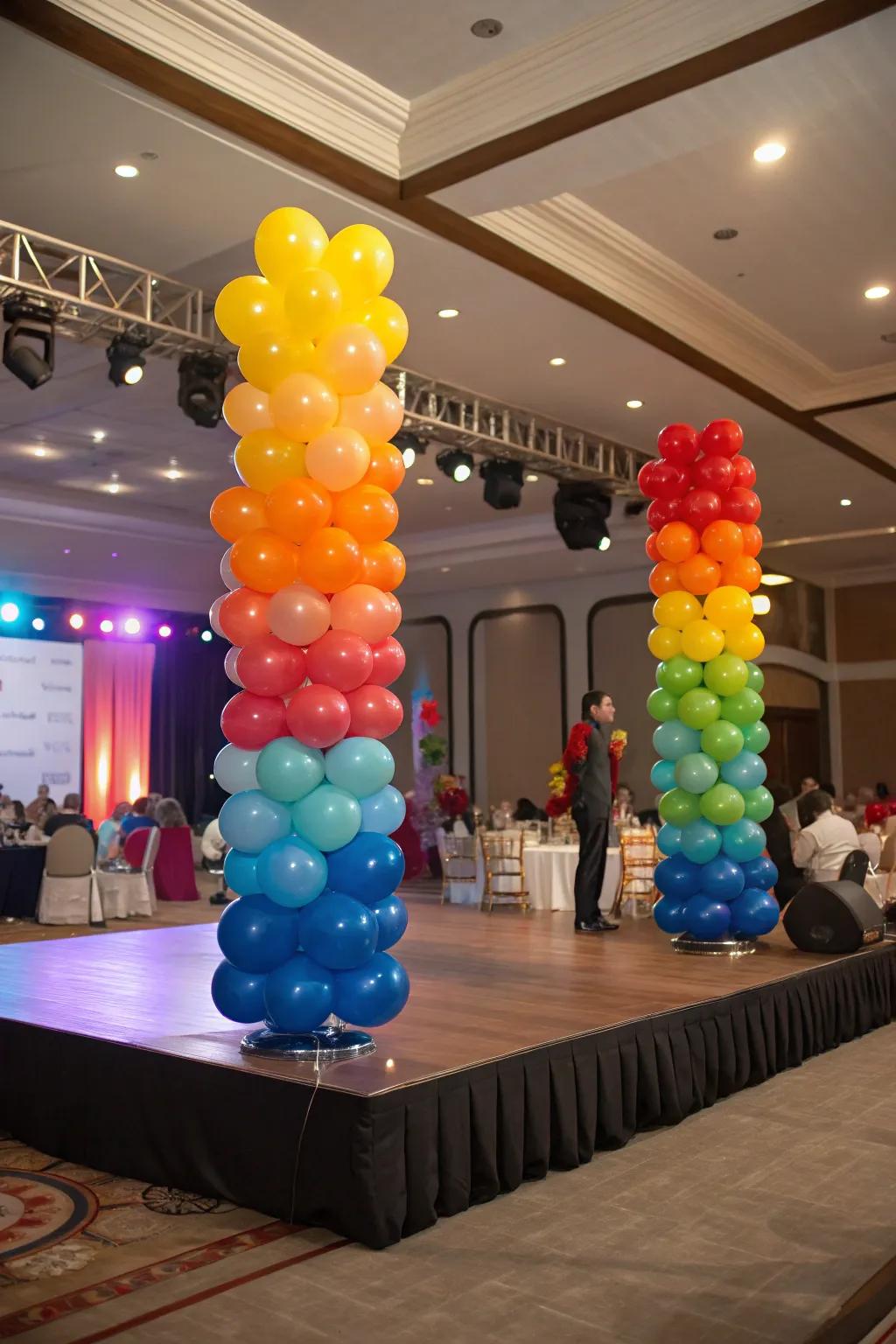 Balloon centerpieces bestowing refinement upon stage tables.