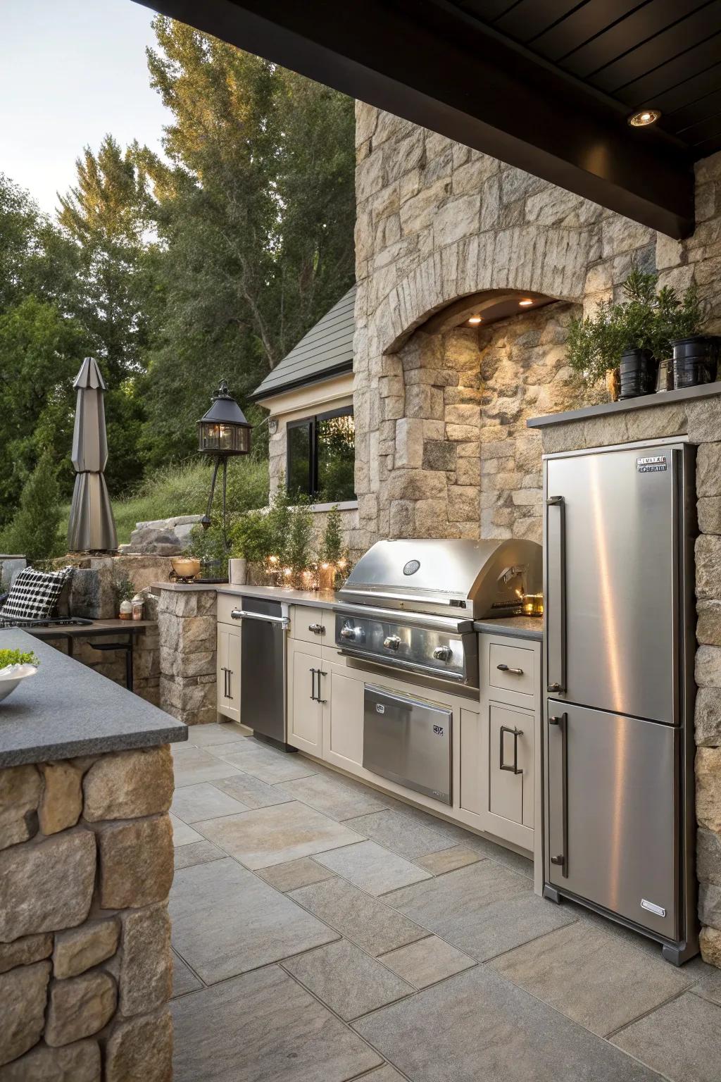 An outdoor kitchen enhanced by the elegance of a stone wall.