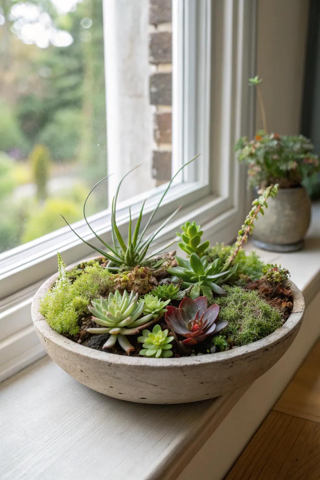 A whimsical succulent garden interspersed with air plants.