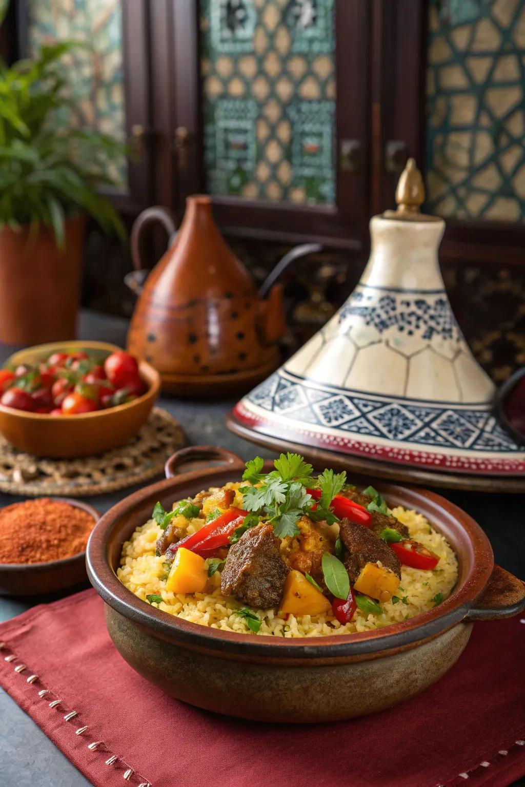 Moroccan-spiced lamb and couscous bake, a journey of flavors.
