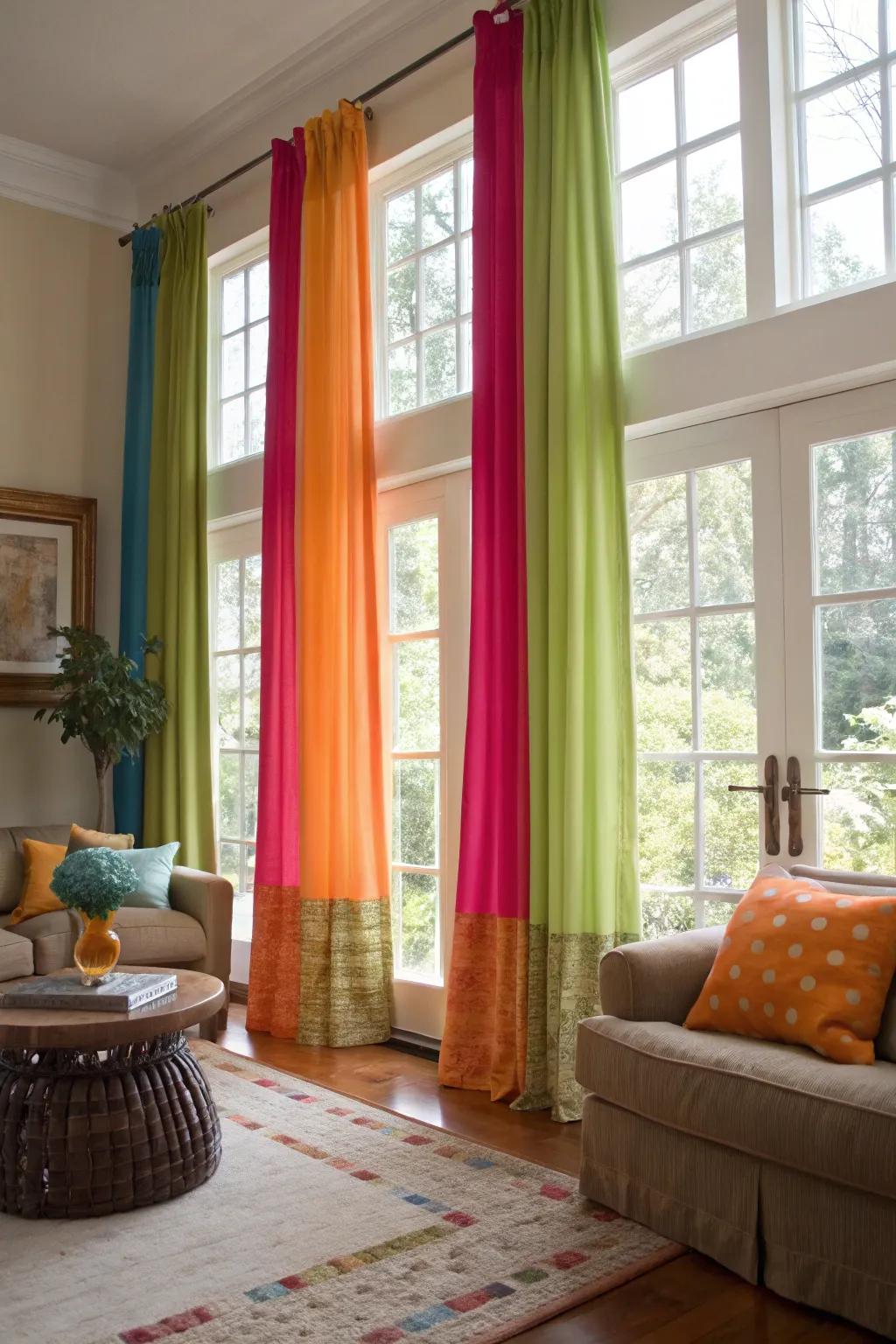 Color-blocked curtains for added depth and character.