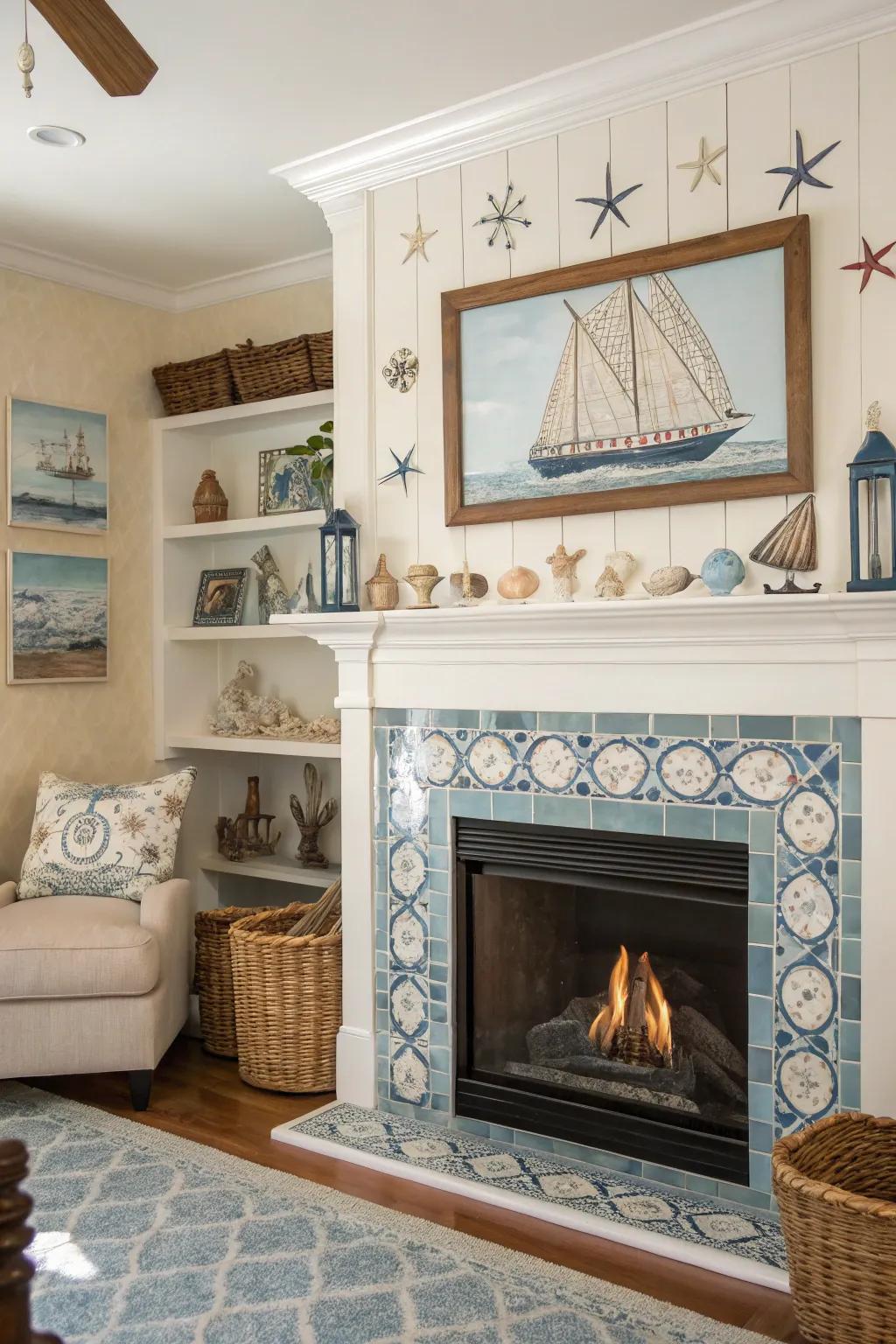 Coastal-inspired tiles bring a relaxing seaside vibe to this fireplace.