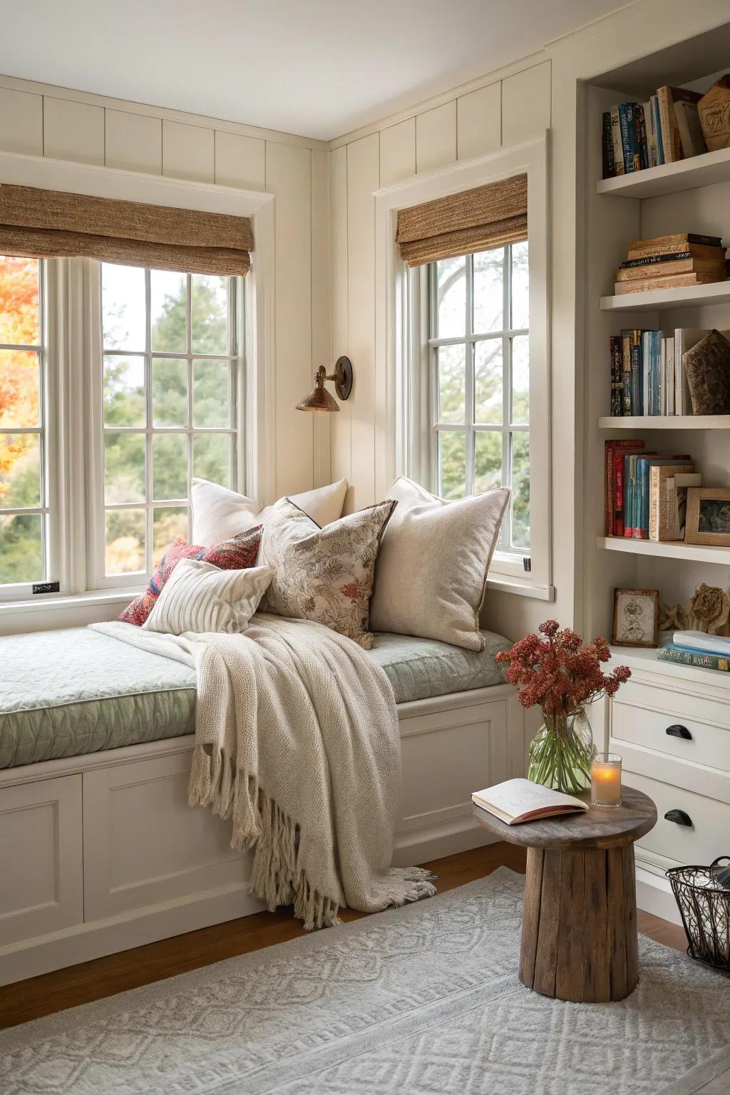 A window seat adds charm and comfort.