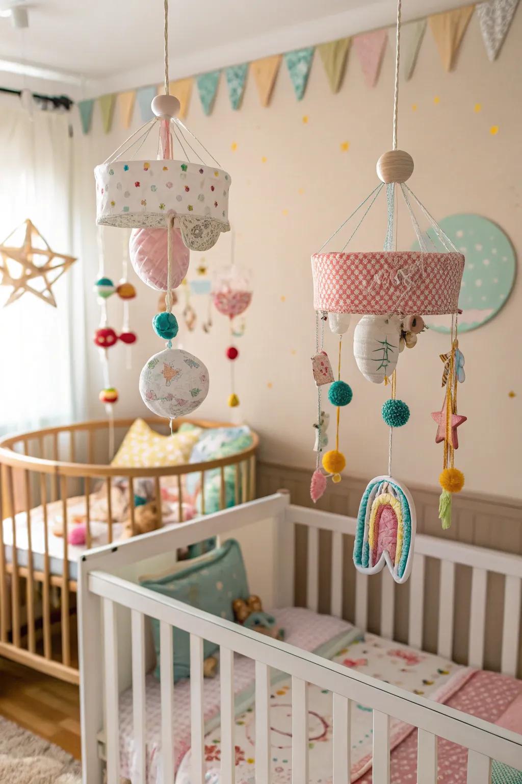 Whimsical mobiles add charm and visual interest above the cribs.