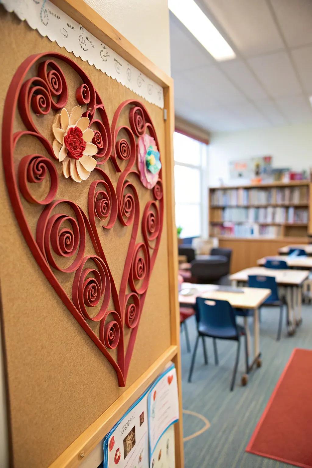 A Quilled Heart Art bulletin board with detailed paper curls.