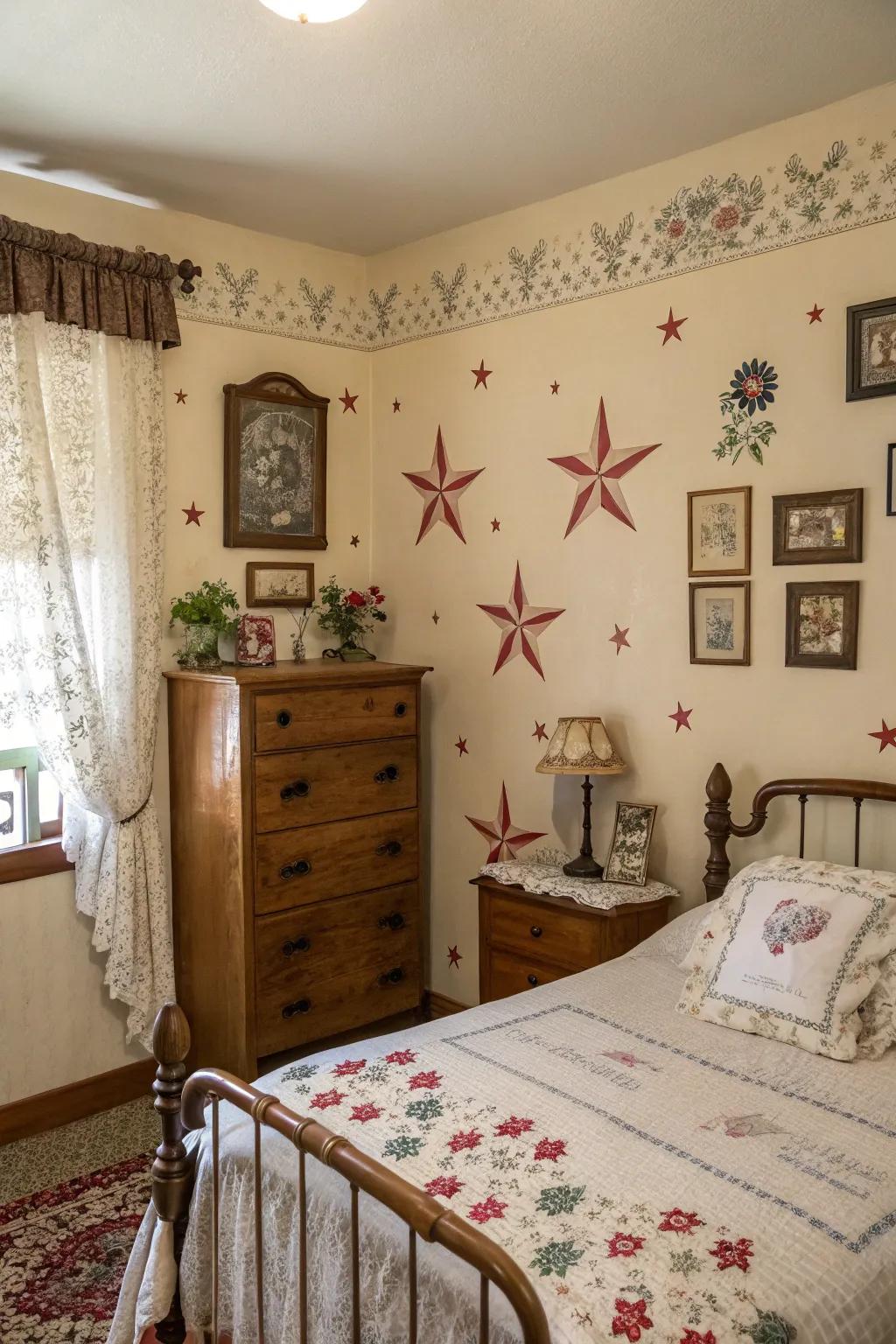 Vintage decals add warmth and historical charm to this bedroom.