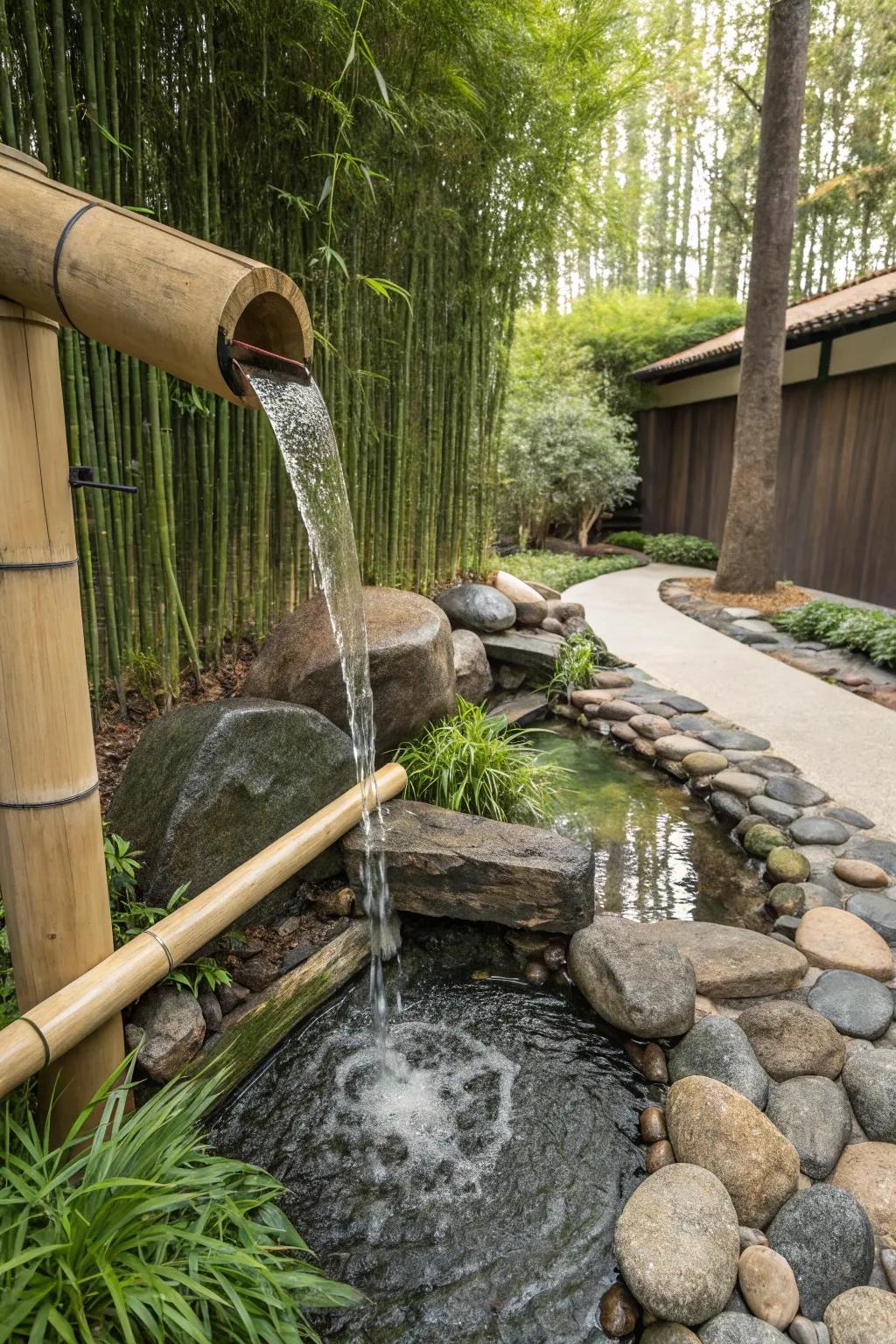 A bamboo waterfall brings zen and tranquility to your garden.