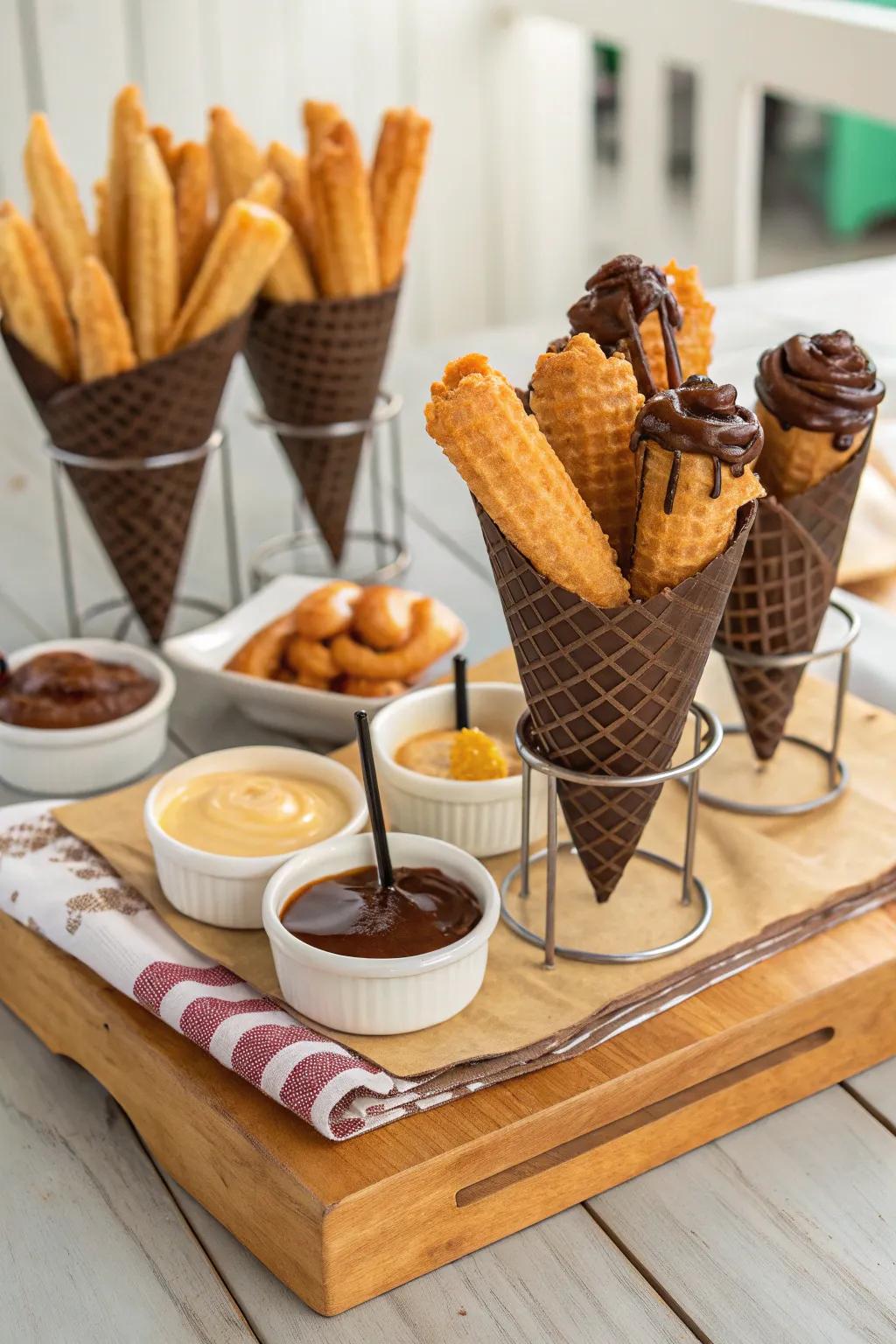 A churro cones station for a sweet and spicy delight.