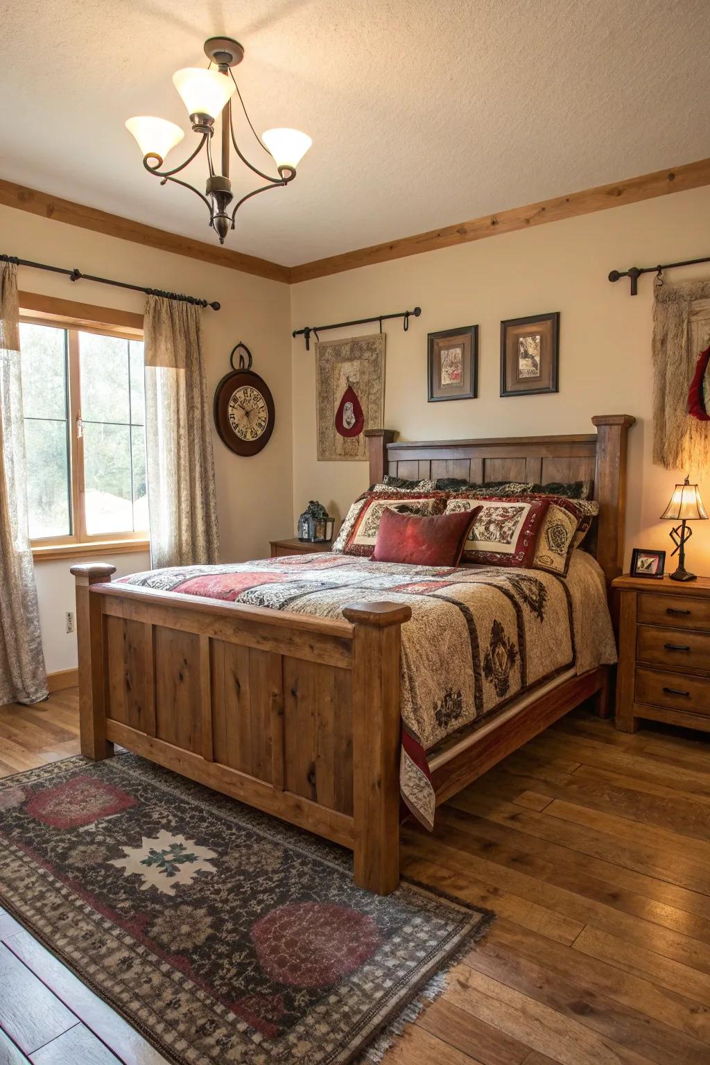 A custom bed frame anchors the room with western elegance.