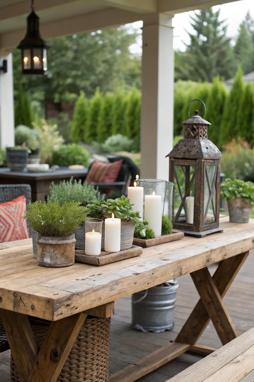 Reclaimed wood adds character and sustainability to the patio.