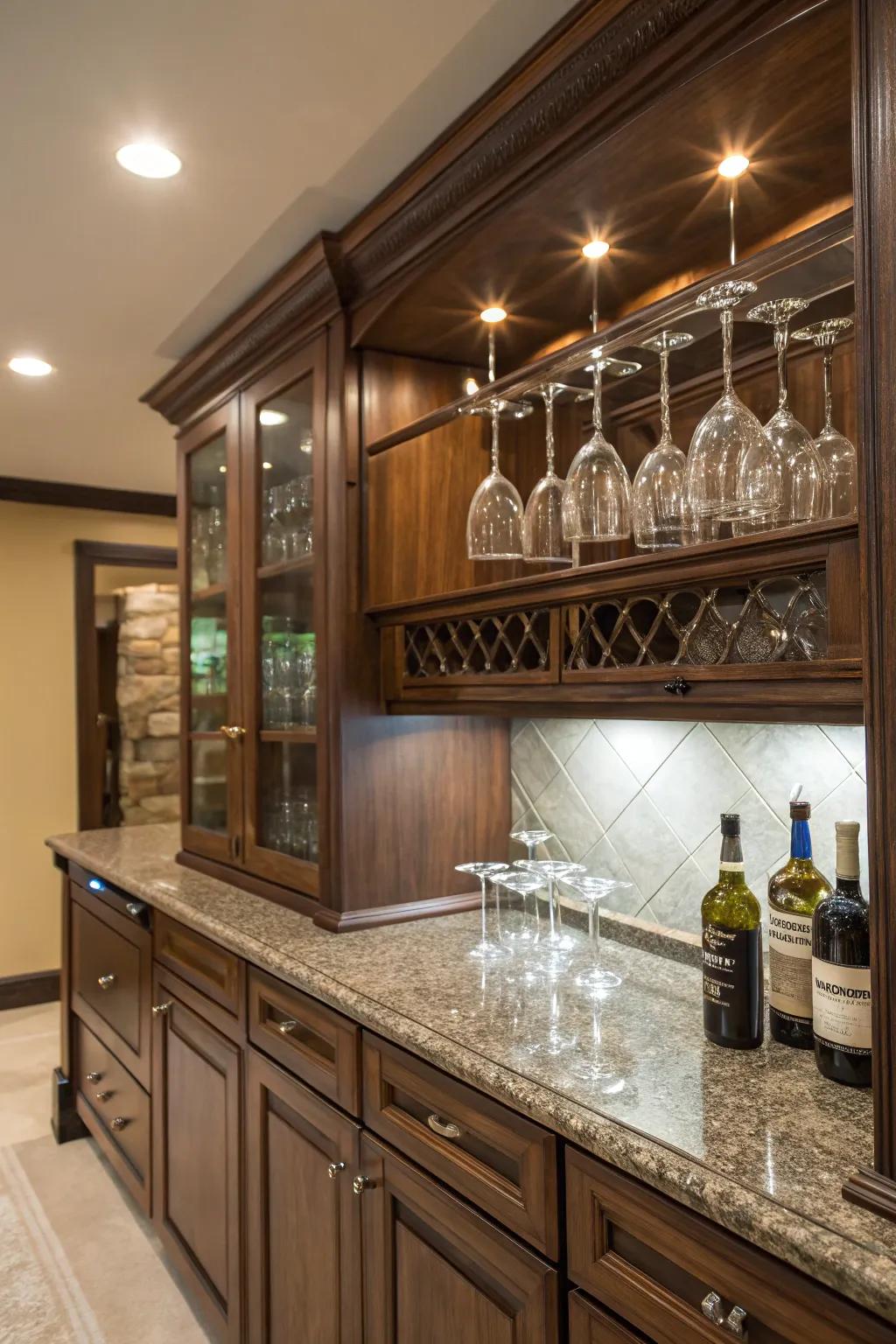 Keep arranged via a wine glass rack.