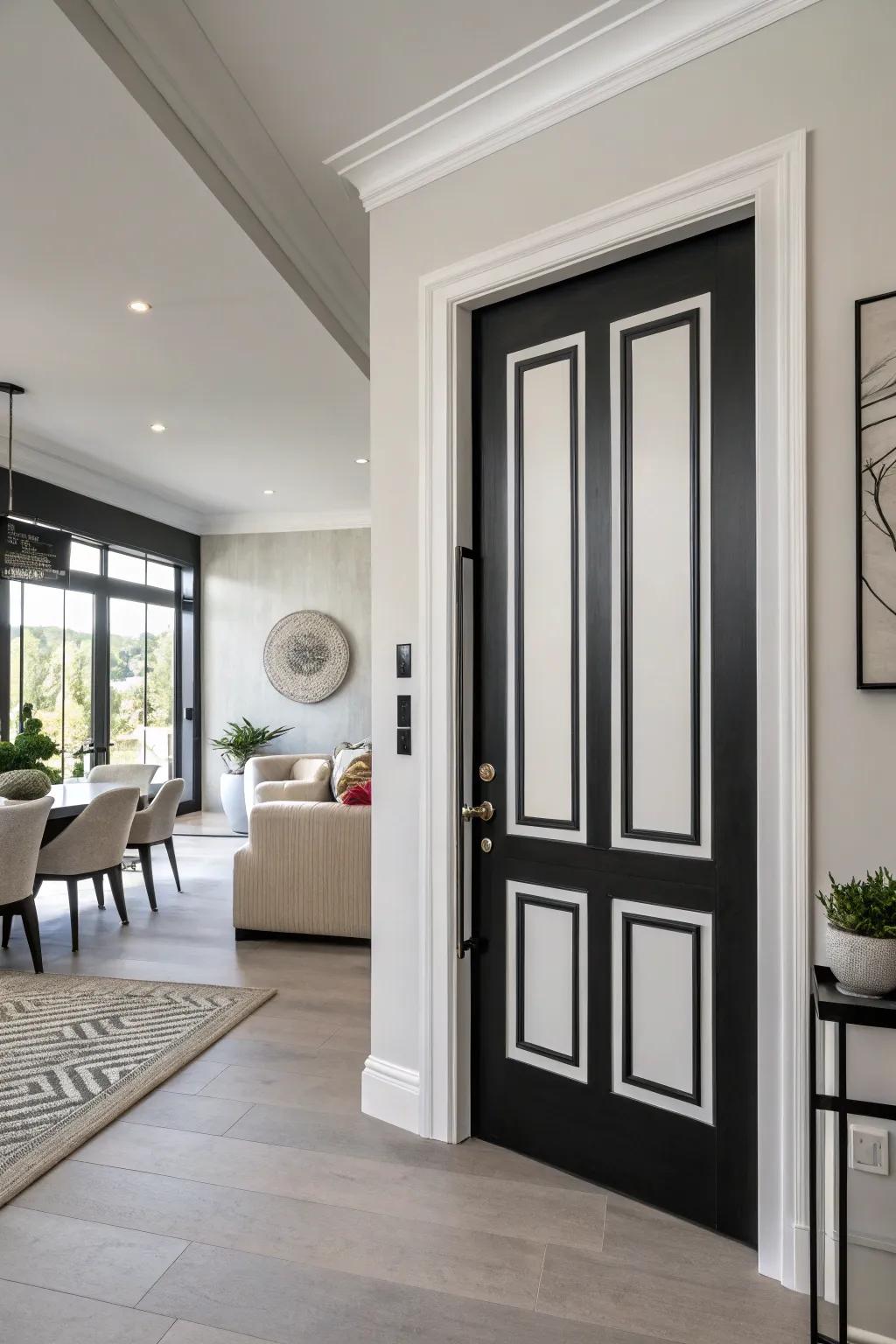 Black and white doors create a striking modern contrast.