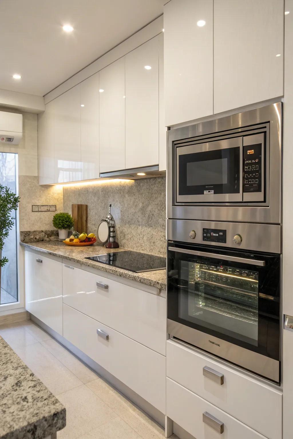 A sleek integration of microwave and oven in a contemporary kitchen.