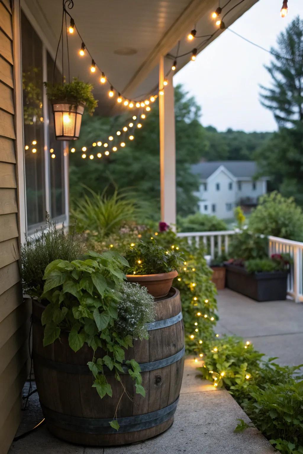 A porch edge oasis with a cask and strand lights.