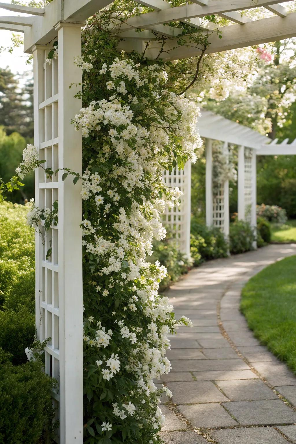 An architectural white trellis supports climbing plants beautifully.