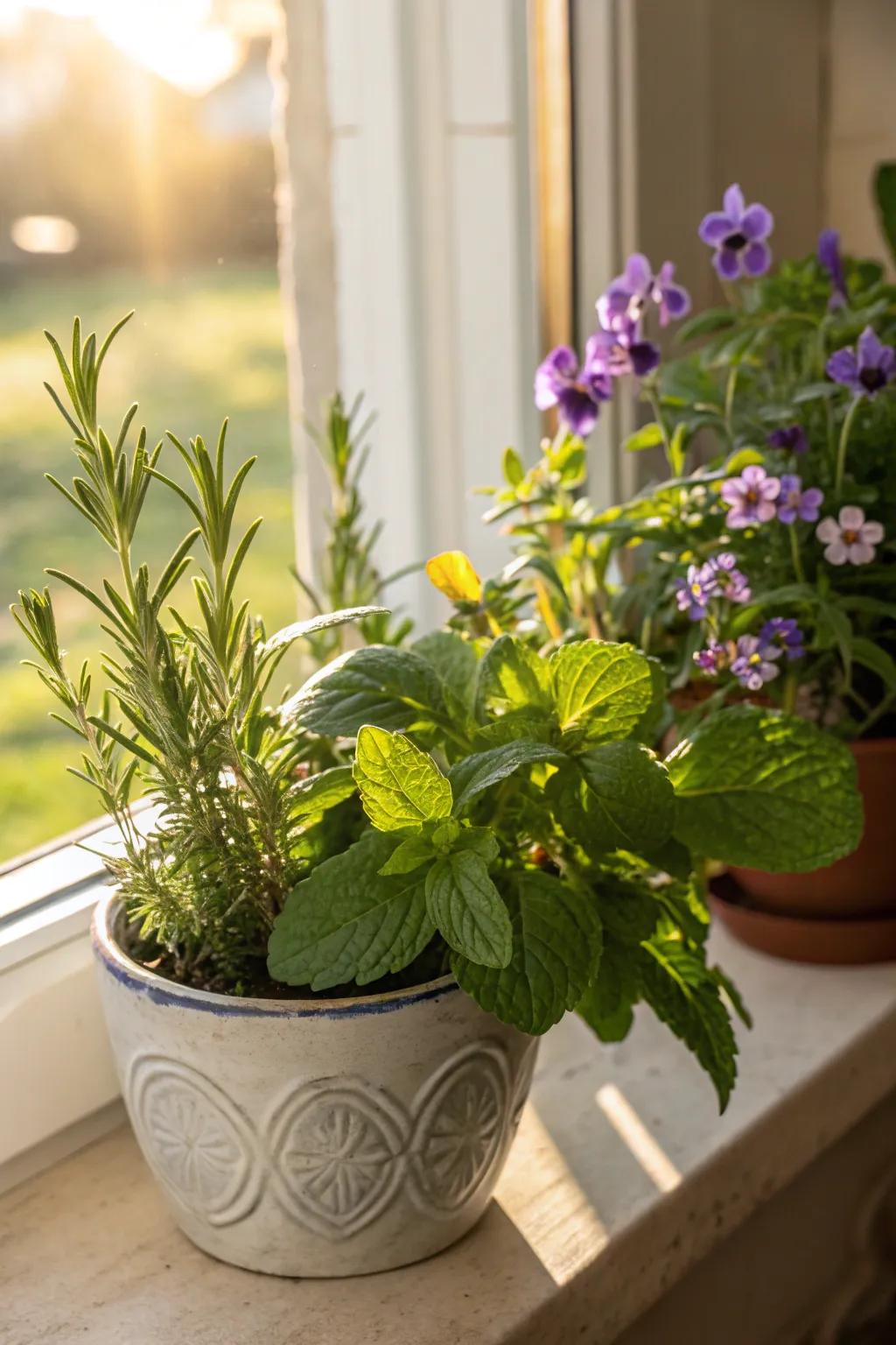 Wildflowers combined with herbs create a fragrant display.